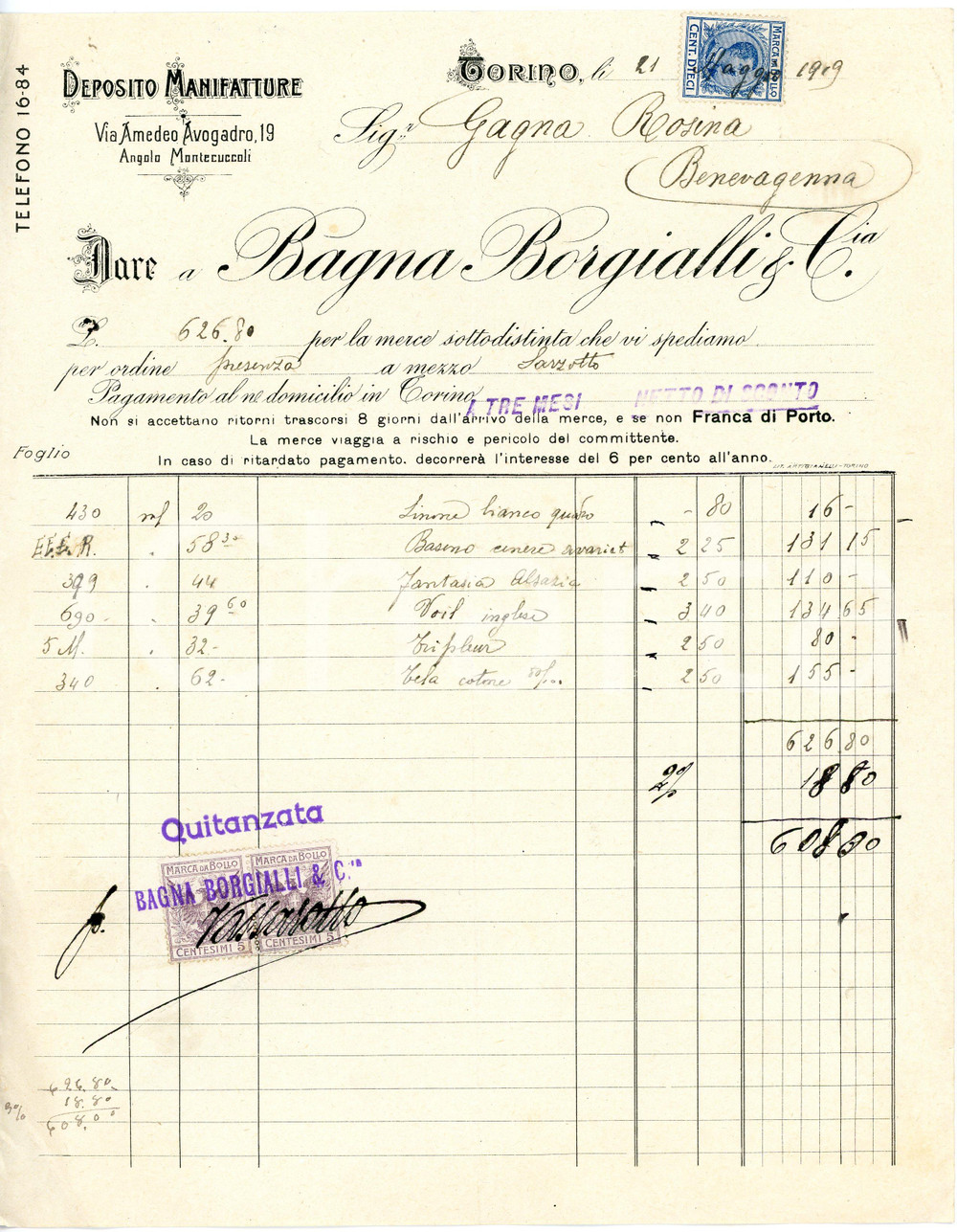 1919 TORINO - BAGNA BORGIALLI & C. via Avogadro 19 - Manifatture - Fattura Fattura commerciale d'epoca, a stampa con inserti manoscritti, su carta intestata.Torino - via Amedeo Avogadro, 19Presenti marche da bollo.CONDIZIONI: F (piegature d'epoca)PAGINE: 1    originale e autentica 1