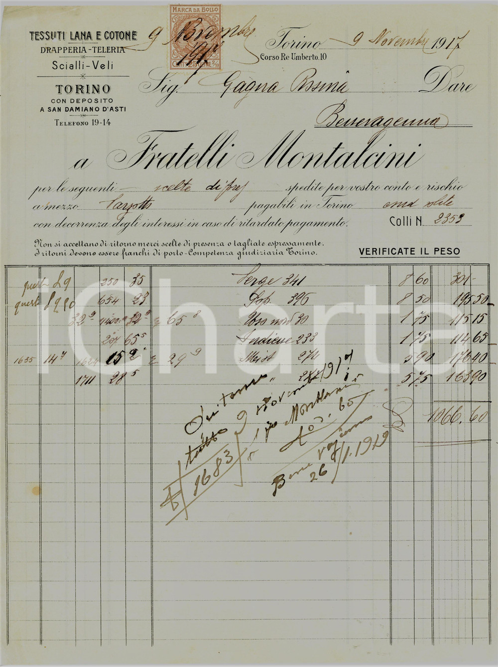 1917 TORINO Fratelli MONTALCINI - Tessuti lana e cotone - Fattura Fattura commerciale d'epoca, a stampa con inserti manoscritti, su carta intestata.Torino - corso Re Umberto 10Presente marca da bollo.CONDIZIONI: F (piegature d'epoca, piccoli fori all'angolo superiore sinistro)PAGINE: 1    originale e autentica 1