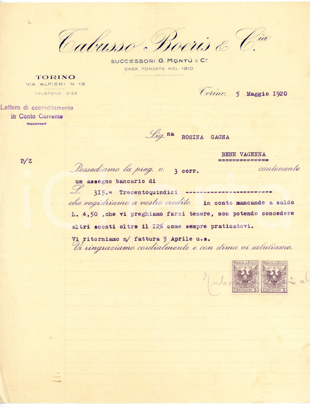 1920 TORINO - TABUSSO BOERIS & C. via Alfieri 19 - Lettera commerciale Lettera commerciale d'epoca, dattiloscritta, su carta intestata.CONDIZIONI: F (piegature d'epoca)PAGINE: 1    originale e autentica 1