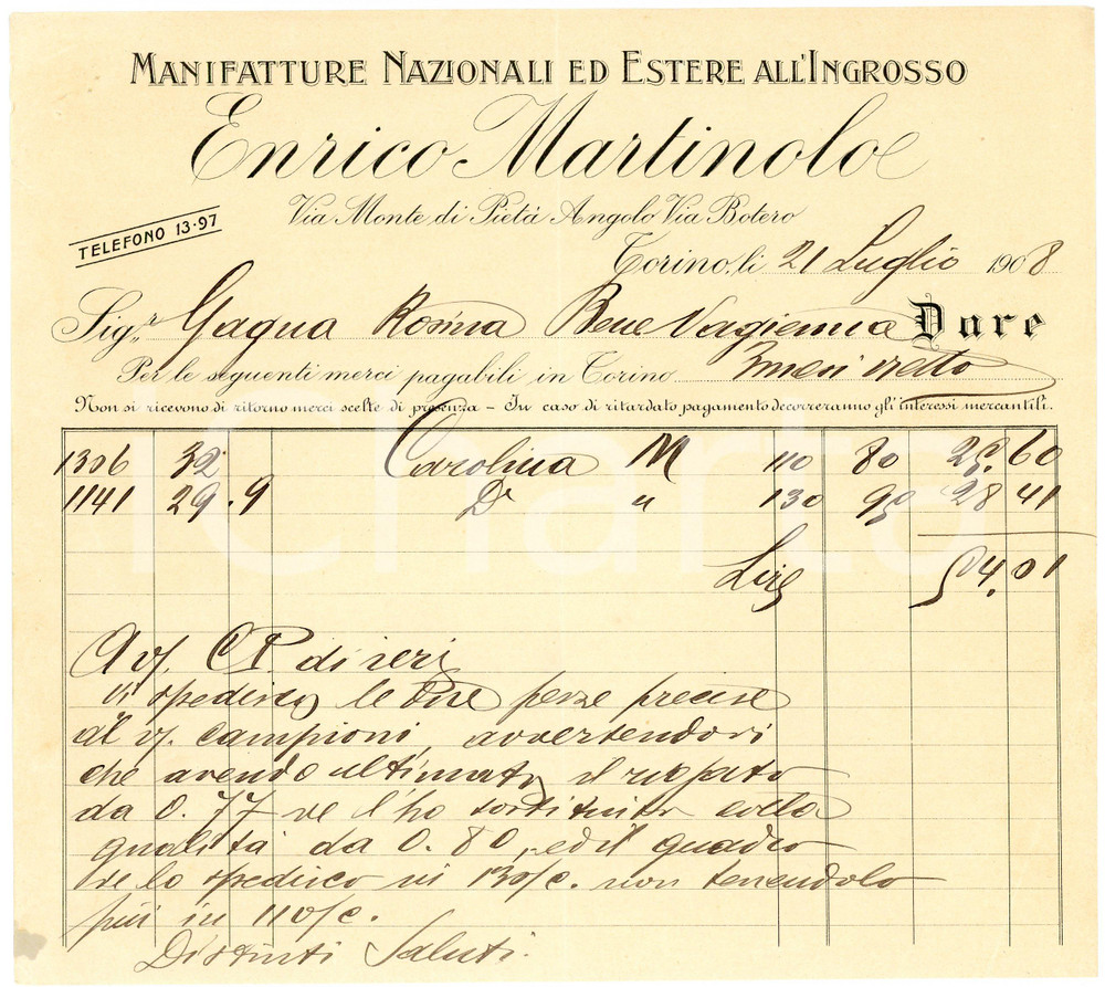 1908 TORINO - Enrico MARTINOLO - via Monte di Pietà angolo Botero - Fattura Fattura commerciale d'epoca, a stampa con inserti manoscritti, su carta intestata.Torino - via Monte di Piet&agrave;CONDIZIONI: P (piegature d'epoca, piccolo strappo al lato sinistro, piccoli fori all'angolo superiore sinistro)PAGINE: 1    originale e autentica 1