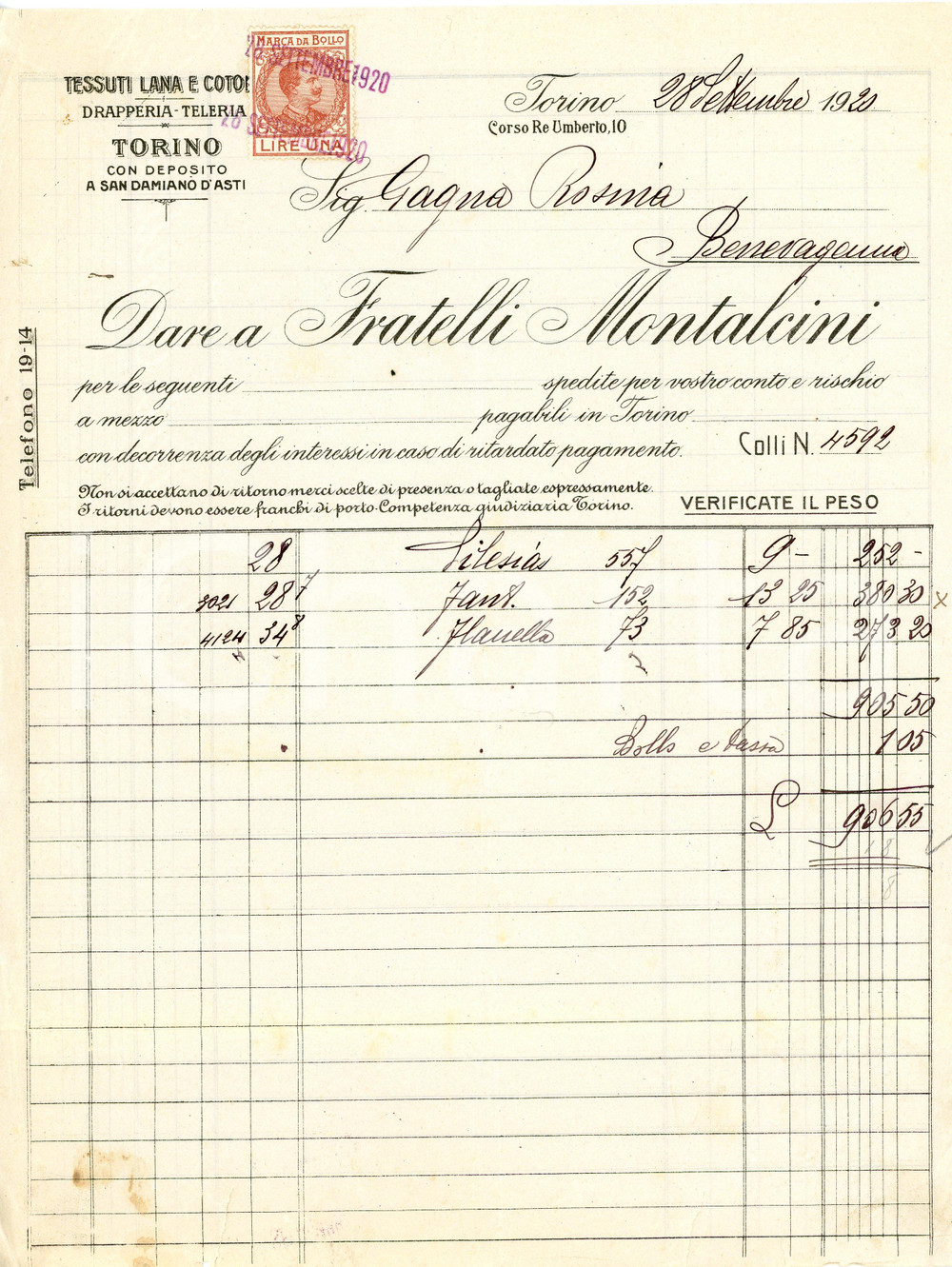 1920 TORINO Fratelli MONTALCINI - Tessuti lana e cotone - Fattura Fattura commerciale d'epoca, manoscritta , su carta intestata.Torino - corso Re Umberto 10Presente marca da bollo.CONDIZIONI: F (piegature d'epoca e piccolo strappo al lato inferiore)PAGINE: 1    originale e autentica 1