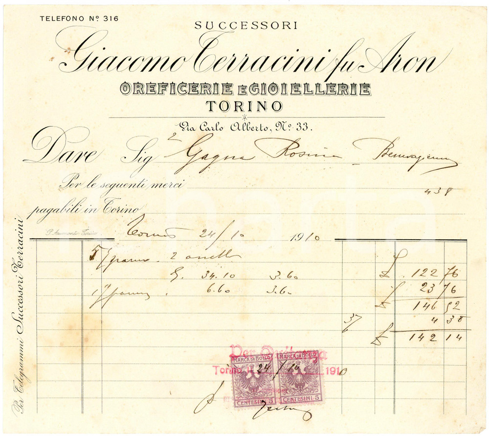 1910 TORINO - Giacomo TERRACINI fu Aron - Oreficerie e gioiellerie *Fattura Fattura commerciale d'epoca, a stampa con inserti manoscritti, su carta intestata.Torino - via Carlo Alberto n.33CONDIZIONI: P (piegature d'epoca, piccoli fori con tracce di ruggine all'angolo superiore sinistro, piccole macchie)PAGINE: 1    originale e autentica 1