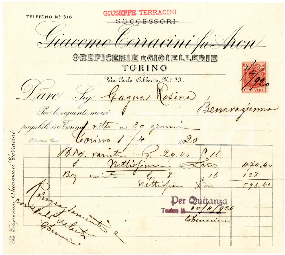 1920 TORINO - Giuseppe TERRACINI - Oreficerie e gioiellerie *Fattura Fattura commerciale d'epoca, a stampa con inserti manoscritti, su carta intestata.Torino - via Carlo Alberto n.33CONDIZIONI: F (piegature d'epoca)PAGINE: 1    originale e autentica 1