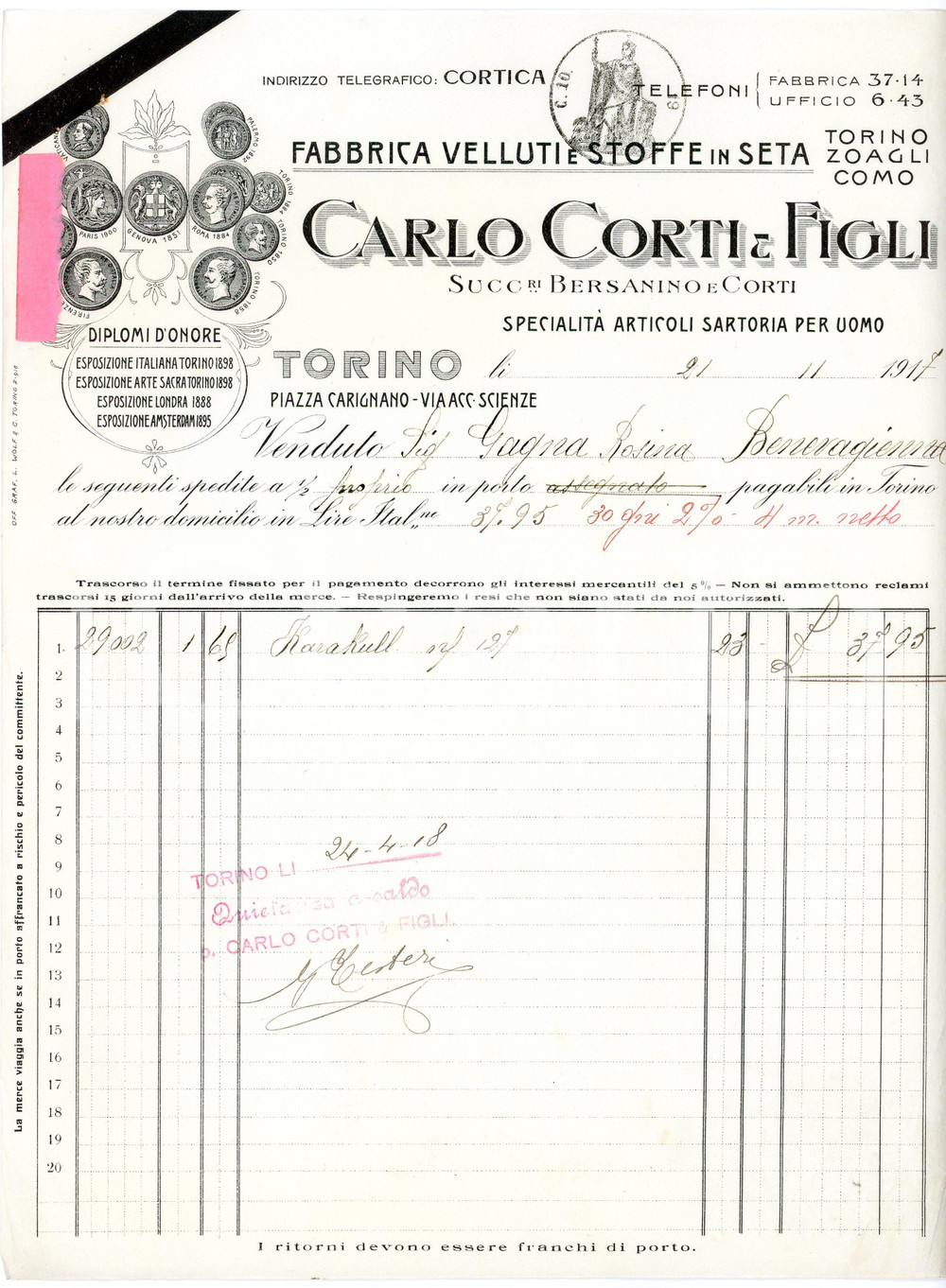 1917 TORINO - Carlo CORTI & Figli - Sartoria per uomo - Fattura Fattura commerciale d'epoca, a stampa con inserti manoscritti, su carta intestata illustrata.Torino - piazza Carignano CONDIZIONI: F (piegature d'epoca, piccoli fori con tracce di ruggine all'angolo superiore sinistro, residui di carta colorata al lato sinistro)PAGINE: 1    originale e autentica 1