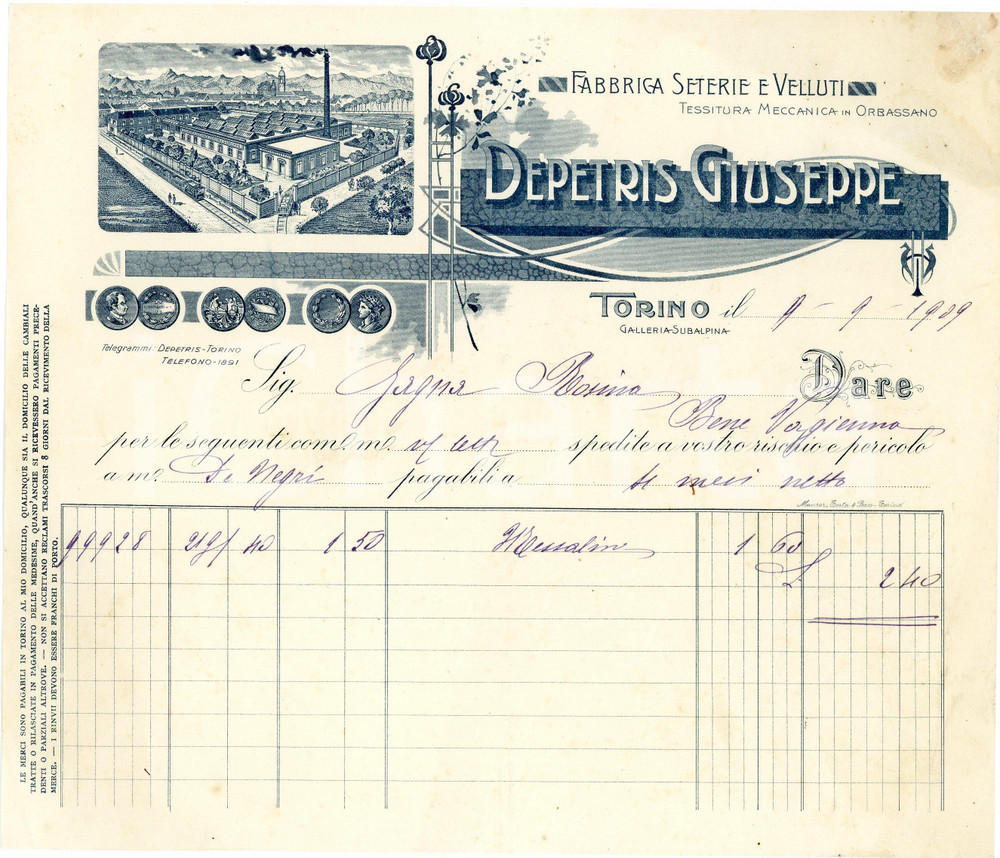 1909 TORINO ORBASSANO - Giuseppe DEPETRIS - Tessitura meccanica *Fattura Fattura commerciale d'epoca, a stampa con inserti manoscritti, su carta intestata illustrata.Torino - Galleria SubalpinaCONDIZIONI: P (piegature d'epoca, piccoli fori all'angolo superiore sinistro, piccola macchia all'angolo superiore destro)PAGINE: 1    originale e autentica 1