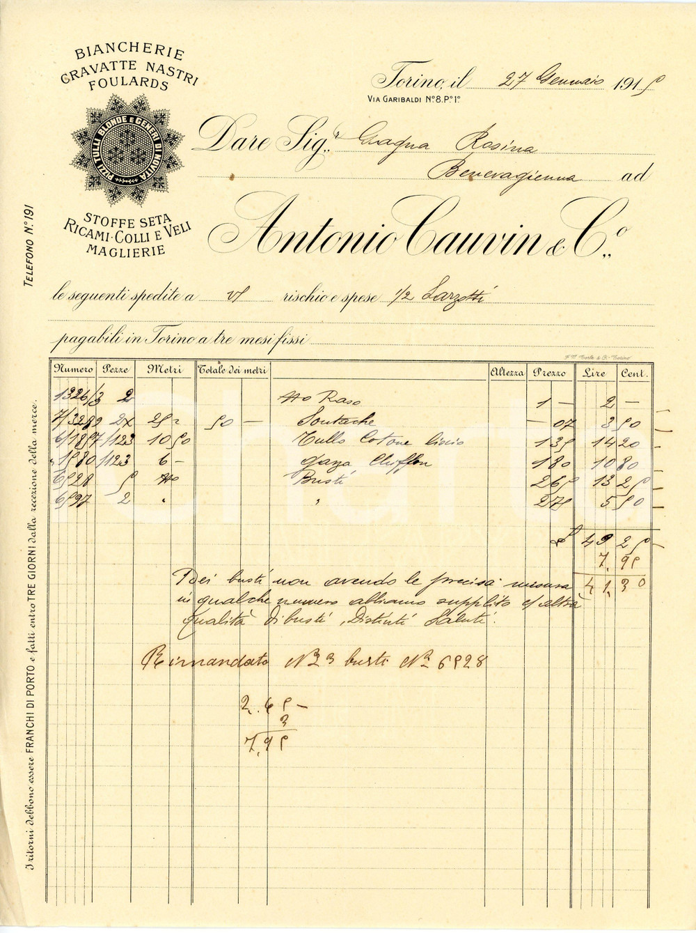 1915 TORINO Antonio CAUVIN & C. Biancherie e stoffe - Fattura su carta intestata Fattura commerciale d'epoca, manoscritta , su carta intestata.Torino - via Garibaldi 8CONDIZIONI: F (piegature d'epoca e forellini all'angolo superiore sinistro)PAGINE: 1    originale e autentica 1