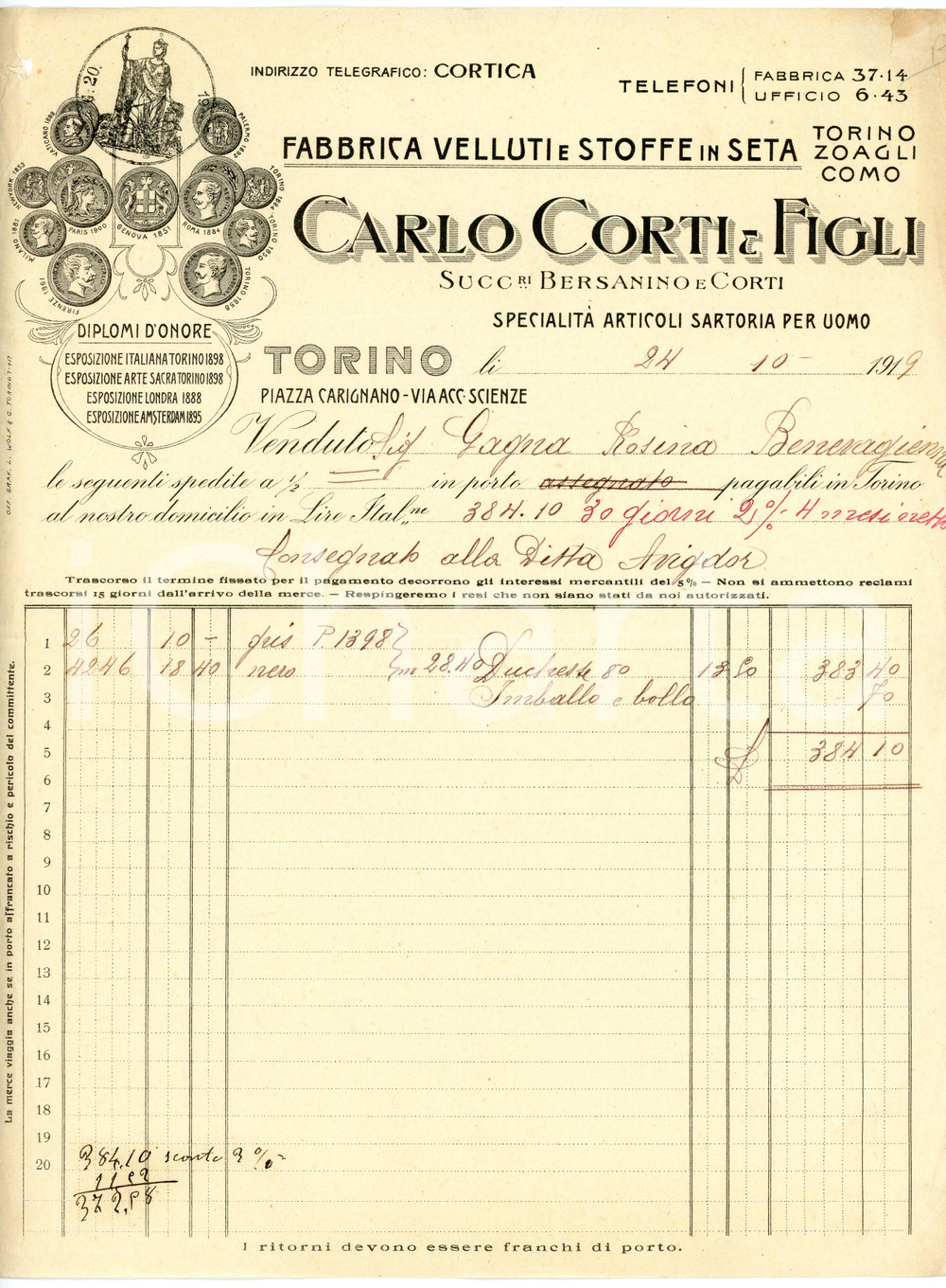 1919 TORINO - Carlo CORTI & Figli - Sartoria per uomo, fabbrica velluti *Fattura Fattura commerciale d'epoca, a stampa con inserti manoscritti, su carta intestata illustrata.Torino - piazza Carignano CONDIZIONI: P (piegature d'epoca, piccoli fori all'angolo superiore sinistro, piccolo strappo al lato superiore)PAGINE: 1    originale e autentica 1