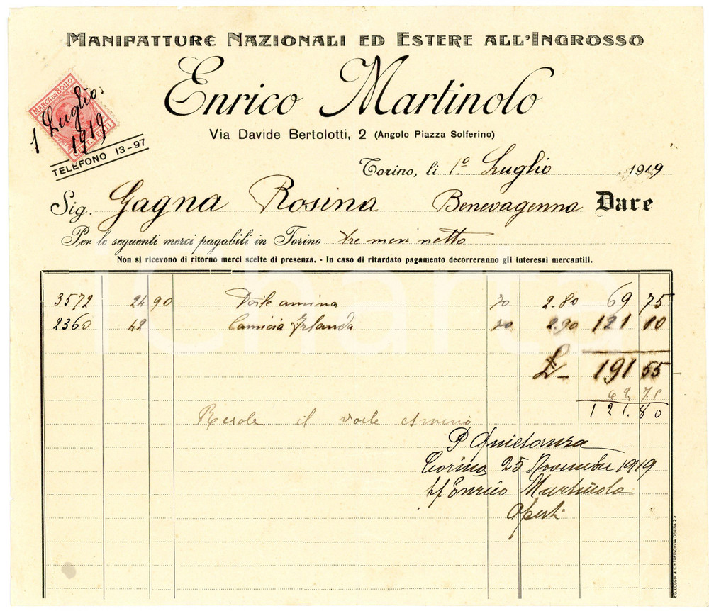 1919 TORINO - Enrico MARTINOLO via Davide Bertolotti 2 - Manifatture *Fattura Fattura commerciale d'epoca, a stampa con inserti manoscritti, su carta intestata.CONDIZIONI: F (piegature d'epoca, piccolo strappo ai lati superiore e sinistro, piccoli fori all'angolo superiore sinistro)PAGINE: 1    originale e autentica 1