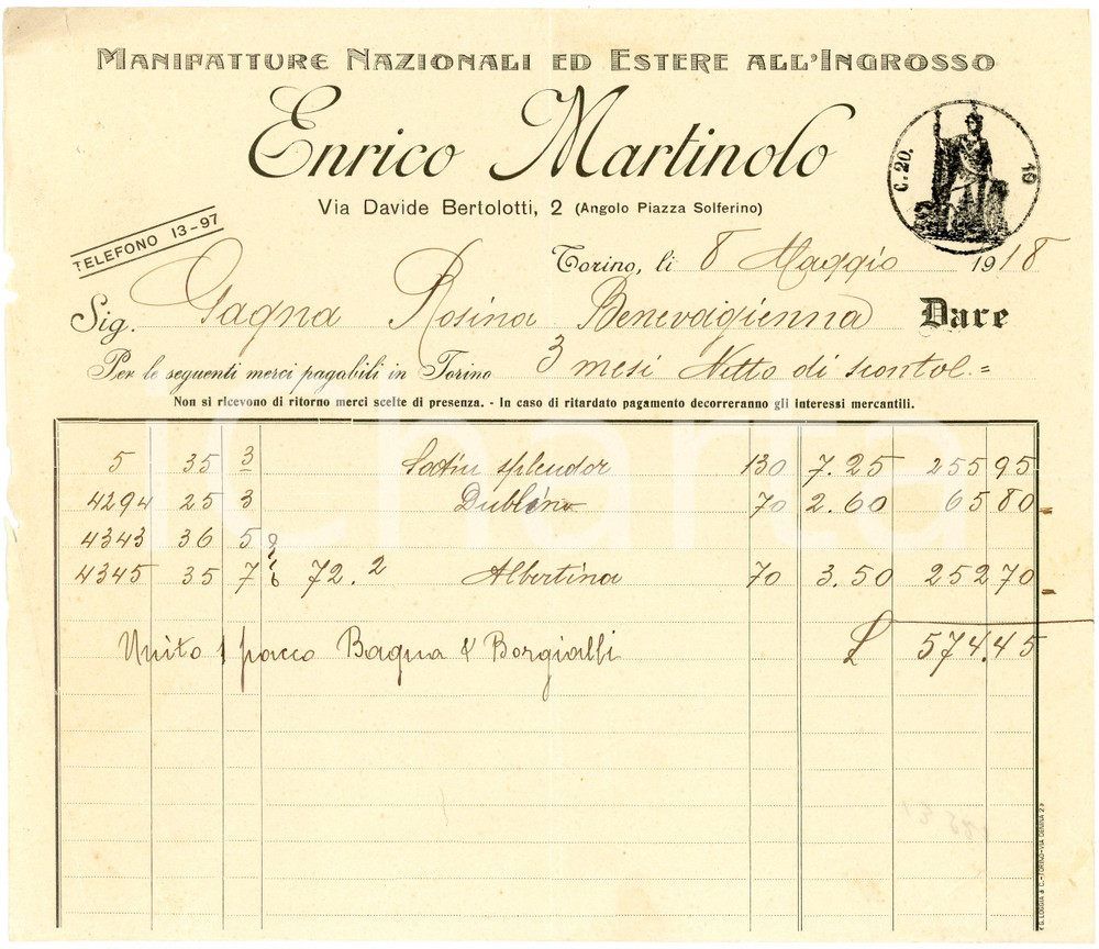 1918 TORINO - Enrico MARTINOLO via Bertolotti 2 - Telerie - Fattura Fattura commerciale d'epoca, a stampa con inserti manoscritti, su carta intestata.CONDIZIONI: P (piegature d'epoca, mancanze al lato sinistro, piccolo strappo al lato superiore, piccoli fori all'angolo superiore sinistro)PAGINE: 1    originale e autentica 1