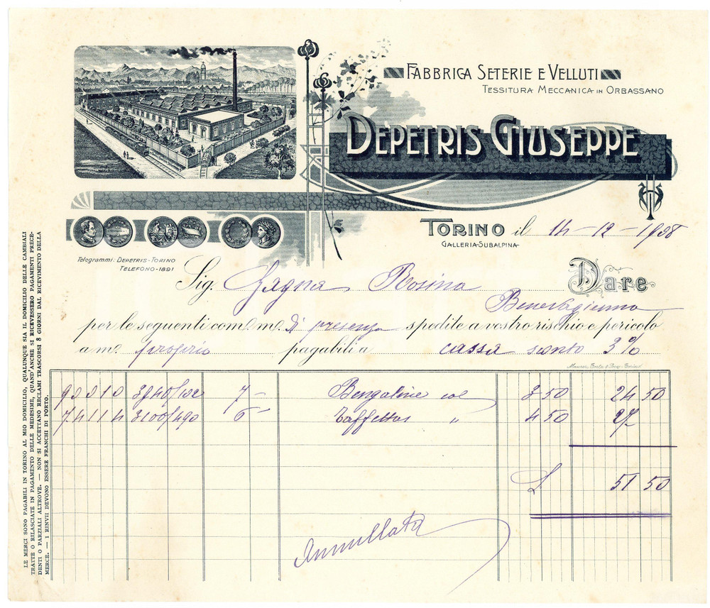 1908 TORINO ORBASSANO - Giuseppe DEPETRIS - Tessitura meccanica - Fattura Fattura commerciale d'epoca, a stampa con inserti manoscritti, su carta intestata illustrata.Torino - Galleria SubalpinaCONDIZIONI: F (piegature d'epoca)PAGINE: 1    originale e autentica 1
