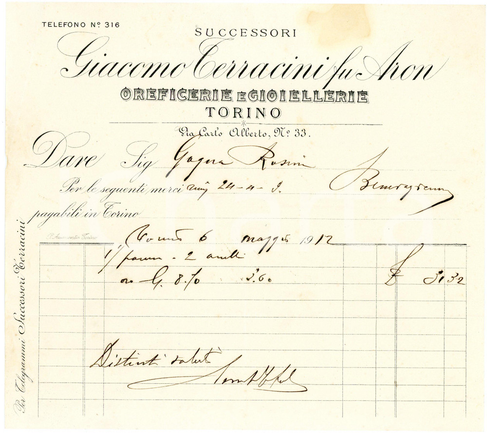 1912 TORINO -  Giacomo TERRACINI fu Aron - Oreficerie e gioiellerie *Fattura Fattura commerciale d'epoca, a stampa con inserti manoscritti, su carta intestata.Torino - via Carlo Alberto n.33CONDIZIONI: F (piegature d'epoca, macchia al lato superiore)PAGINE: 1    originale e autentica 1