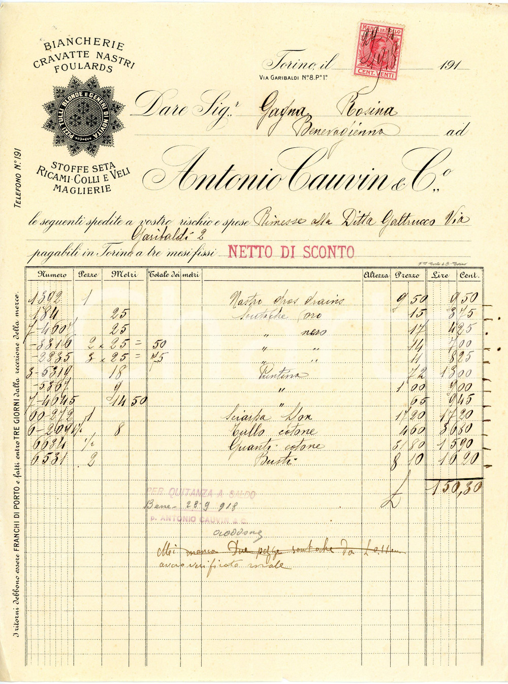 1918 TORINO - Antonio CAUVIN & C. - Biancherie, cravatte, nastri - Fattura Fattura commerciale d'epoca, a stampa con inserti manoscritti, su carta intestata illustrata.Torino - via Garibaldi n.8CONDIZIONI: F (piegature d'epoca, piccolo strappo al lato inferiore e piccoli fori all'angolo superiore sinistro)PAGINE: 1    originale e autentica 1