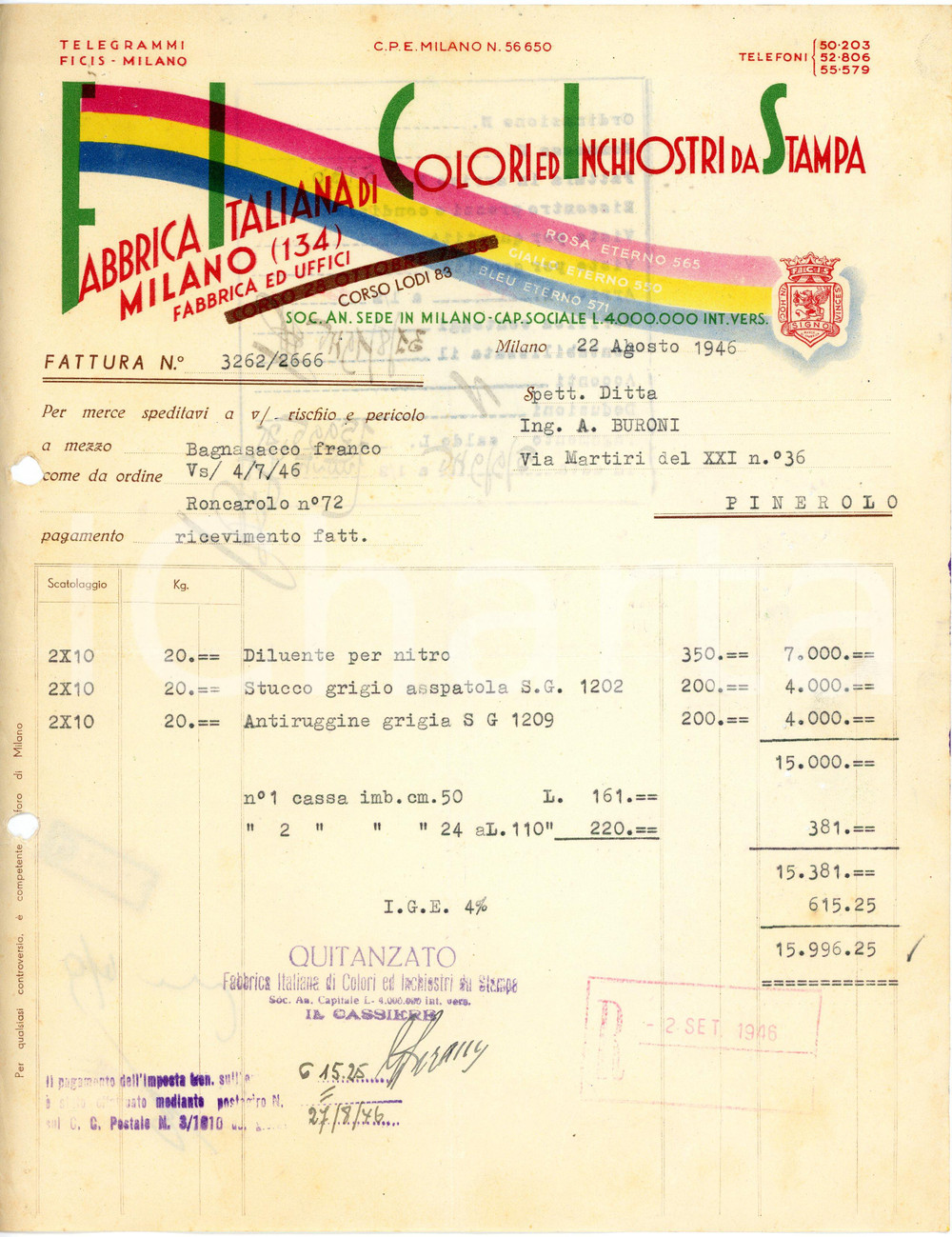 1946 MILANO - FICIS Fabbrica Italiana Colori ed Inchiostri da Stampa - Fattura Fattura commerciale d'epoca, dattiloscritta , su carta intestata.CONDIZIONI: FAIR (piegature d'epoca e fori da classificatore al margine sinistro)PAGINE: 1    originale e autentica 1