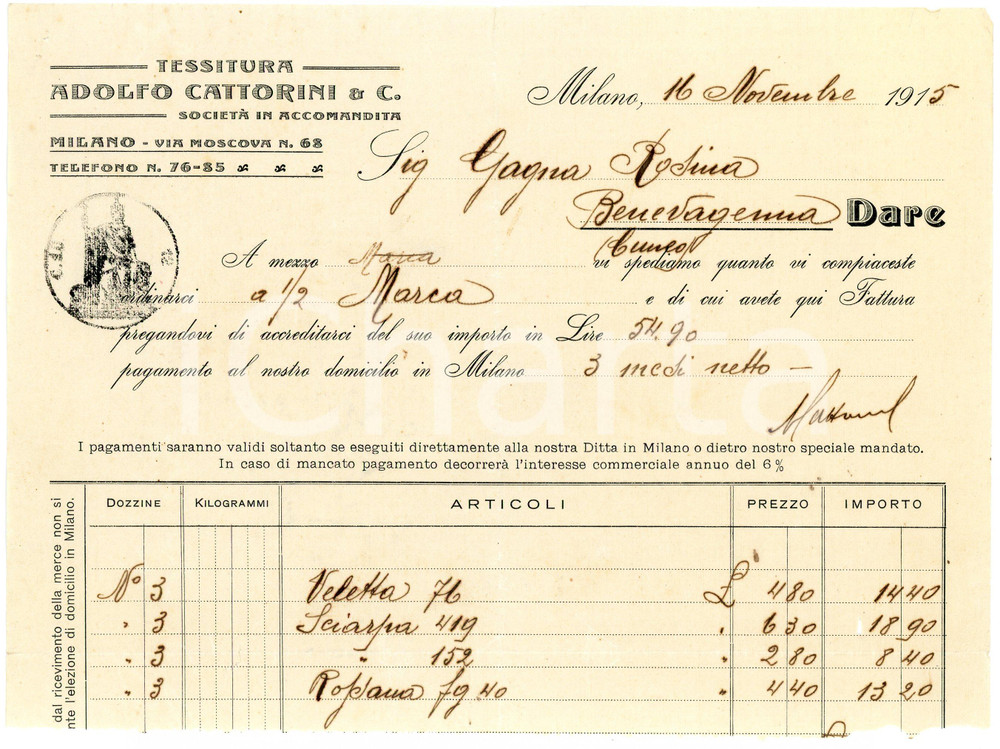 1915 MILANO Tessitura Adolfo CATTORINI - Fattura per veletta e sciarpa Fattura commerciale d'epoca, manoscritta , su carta intestata.CONDIZIONI: VERY POOR (piegature d'epoca e parte inferiore mancante)PAGINE: 1    originale e autentica 1