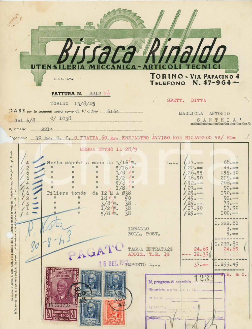 1943 TORINO - BISSACA RINALDO via Papacino 4 - Utensileria meccanica - Fattura Fattura commerciale d'epoca, dattiloscritta , su carta intestata illustrata.CONDIZIONI: VP (piegature d'epoca, fori da classificatore al lato sinistro, piccoli fori con tracce di ruggine all'angolo superiore sinistro, mancanza al lato sinistro)PAGINE: 1    originale e autentica 1