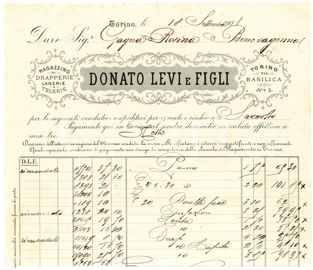1908 TORINO Donato LEVI e figli - Magazzino di drapperie - Fattura Fattura commerciale d'epoca, manoscritta , su carta intestata.CONDIZIONI: VERY POOR (piegature d'epoca e parte inferiore mancante)PAGINE: 1    originale e autentica 1