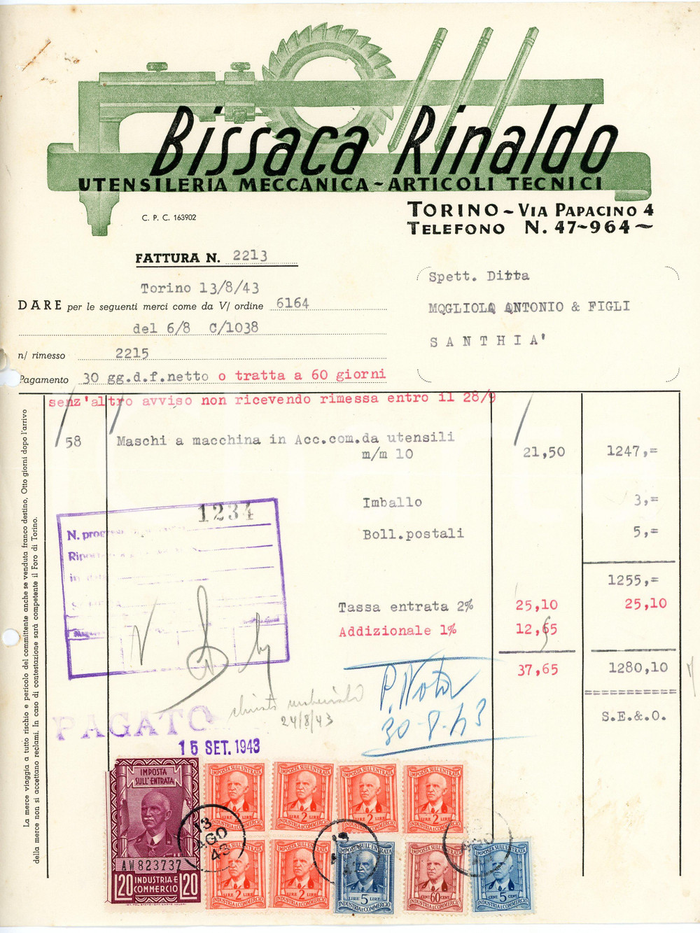 1943 TORINO - BISSACA RINALDO - Utensileria meccanica via Papacino 4 *Fattura Fattura commerciale d'epoca, dattiloscritta, su carta intestata illustrata.CONDIZIONI: VP (piegature d'epoca, fori da classificatore al lato sinistro, piccoli fori con tracce di ruggine all'angolo superiore sinistro, strappo al lato sinistro)PAGINE: 1    originale e autentica 1