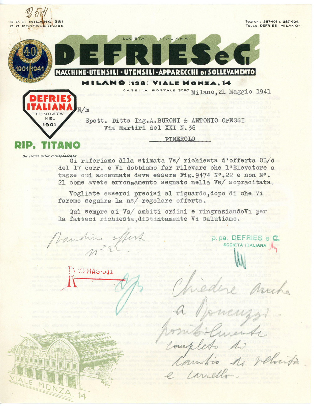 1941 MILANO - DEFRIES e C. viale Monza 14 - Apparecchi sollevamento *Lettera Lettera commerciale d'epoca, dattiloscritta, su carta intestata illustrata, con bollino in rilievo. CONDIZIONI: F (piegature d'epoca, piccoli fori all'angolo superiore sinistro)PAGINE: 1     originale e autentica 1