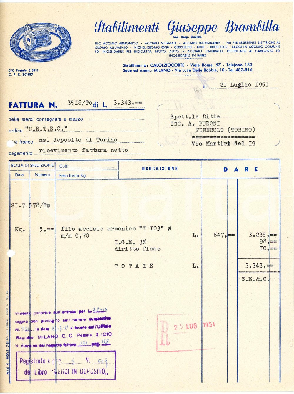 1951 CALOLZIOCORTE - Stabilimenti Giuseppe BRAMBILLA - Acciaio *Fattura Fattura commerciale d'epoca, dattiloscritta, su carta intestata illustrata.Milano - via Luca Della Robbia, 10CONDIZIONI: F (piegature d'epoca, fori da classificatore al lato sinistro)PAGINE: 1    originale e autentica 1