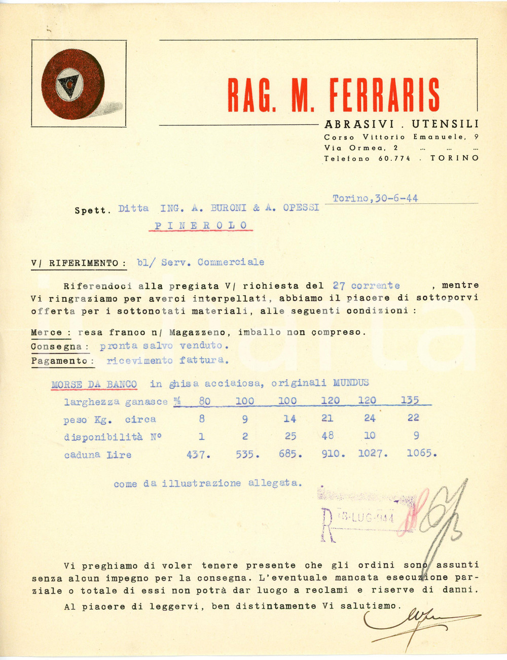 1944 TORINO - Rag. M. FERRARIS c.so V. Emanuele 9 - Abrasivi, utensili - Lettera Lettera commerciale d'epoca, dattiloscritta, su carta intestata illustrata.CONDIZIONI: F (piegature d'epoca)PAGINE: 1    originale e autentica 1