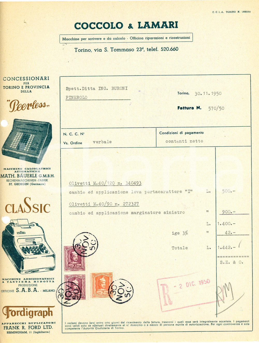 1950 TORINO - COCCOLO & LAMARI - Macchine per scrivere - Fattura Fattura commerciale d'epoca, dattiloscritta, su carta intestata illustrata.Torino - via S. Tommaso 23CONDIZIONI: P (piegature d'epoca, fori da classificatore al lato sinistro, piccoli strappi al lato sinistro)PAGINE: 1    originale e autentica 1