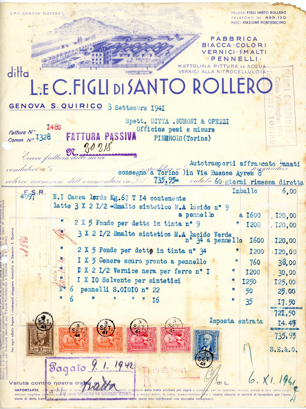 1941 GENOVA - L.&C. Figli di Santo ROLLERO - Mattolina pittura lavabile *Fattura Fattura commerciale d'epoca, dattiloscritta, su carta intestata illustrata.Genova - S. QuiricoCONDIZIONI: VP (piegature d'epoca, fori da classificatore al lato sinistro, piccoli fori all'angolo superiore sinistro, lieve mancanza all'angolo superiore destro, macchie d'umidit&agrave; diffuse)PAGINE: 1     originale e autentica 1