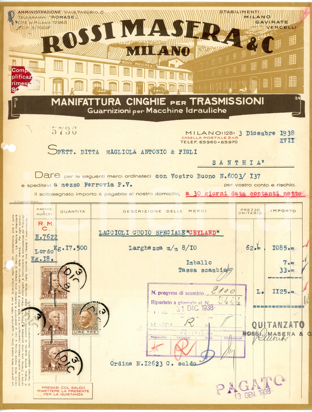 1938 MILANO - ROSSI MASERA & C. - Guarnizioni per macchine idrauliche - Fattura Fattura commerciale d'epoca, dattiloscritta , su carta intestata illustrata.Milano - viale Pasubio, 8CONDIZIONI: VP (piegature d'epoca, fori da classificatore al margine sinistro, piccoli fori all'angolo superiore sinistro, strappi evidenti ai lati)PAGINE: 1    originale e autentica 1