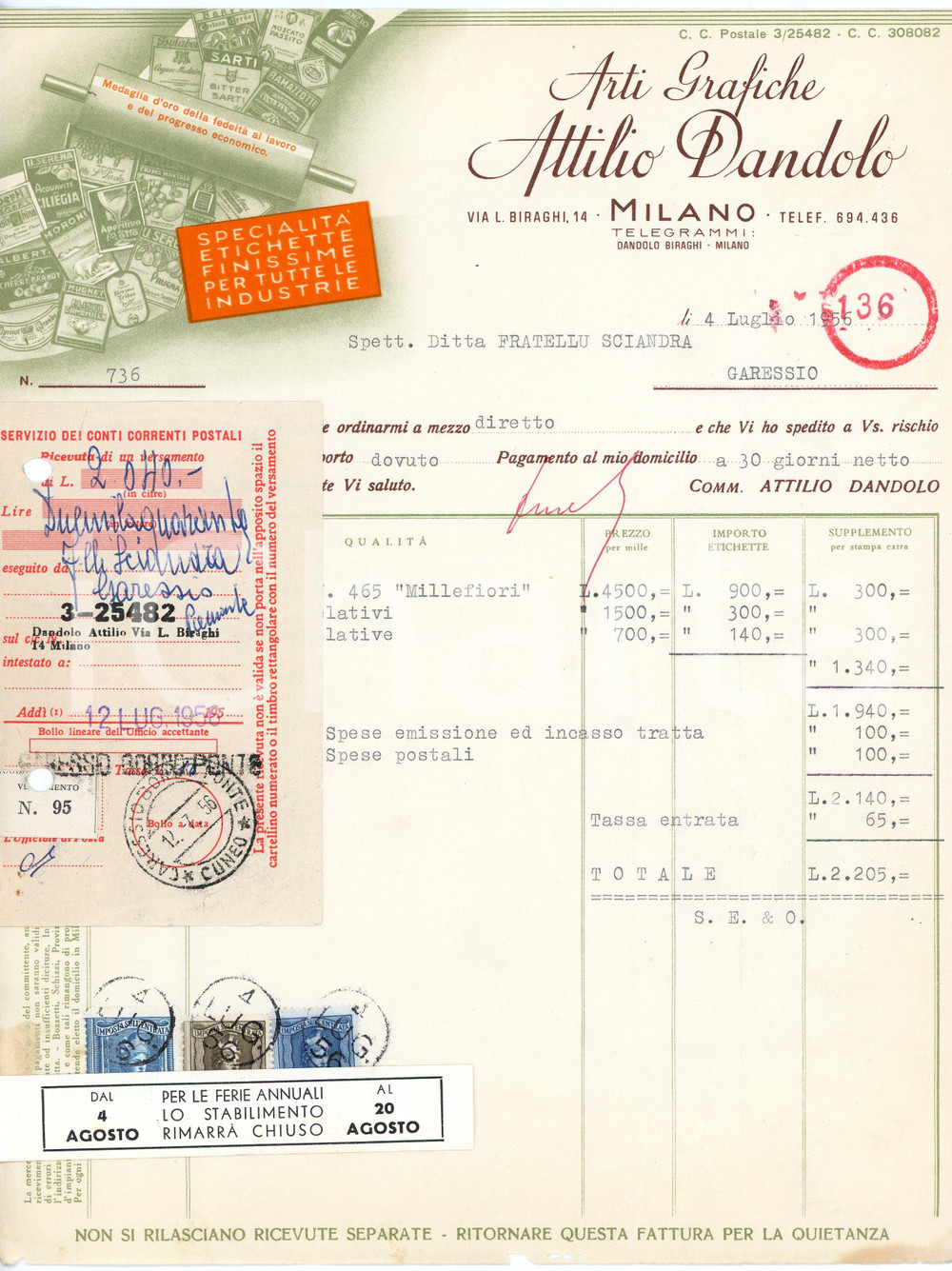1956 MILANO - Attilio DANDOLO - Arti grafiche via L. Biraghi 14 - Fattura Fattura commerciale d'epoca, dattiloscritta, su carta intestata illustrata, in allegato ricevuta di versamento.CONDIZIONI: P (piegature d'epoca, fori da classificatore al margine sinistro, piccoli strappi al lato superiore e inferiore)PAGINE: 1    originale e autentica 1