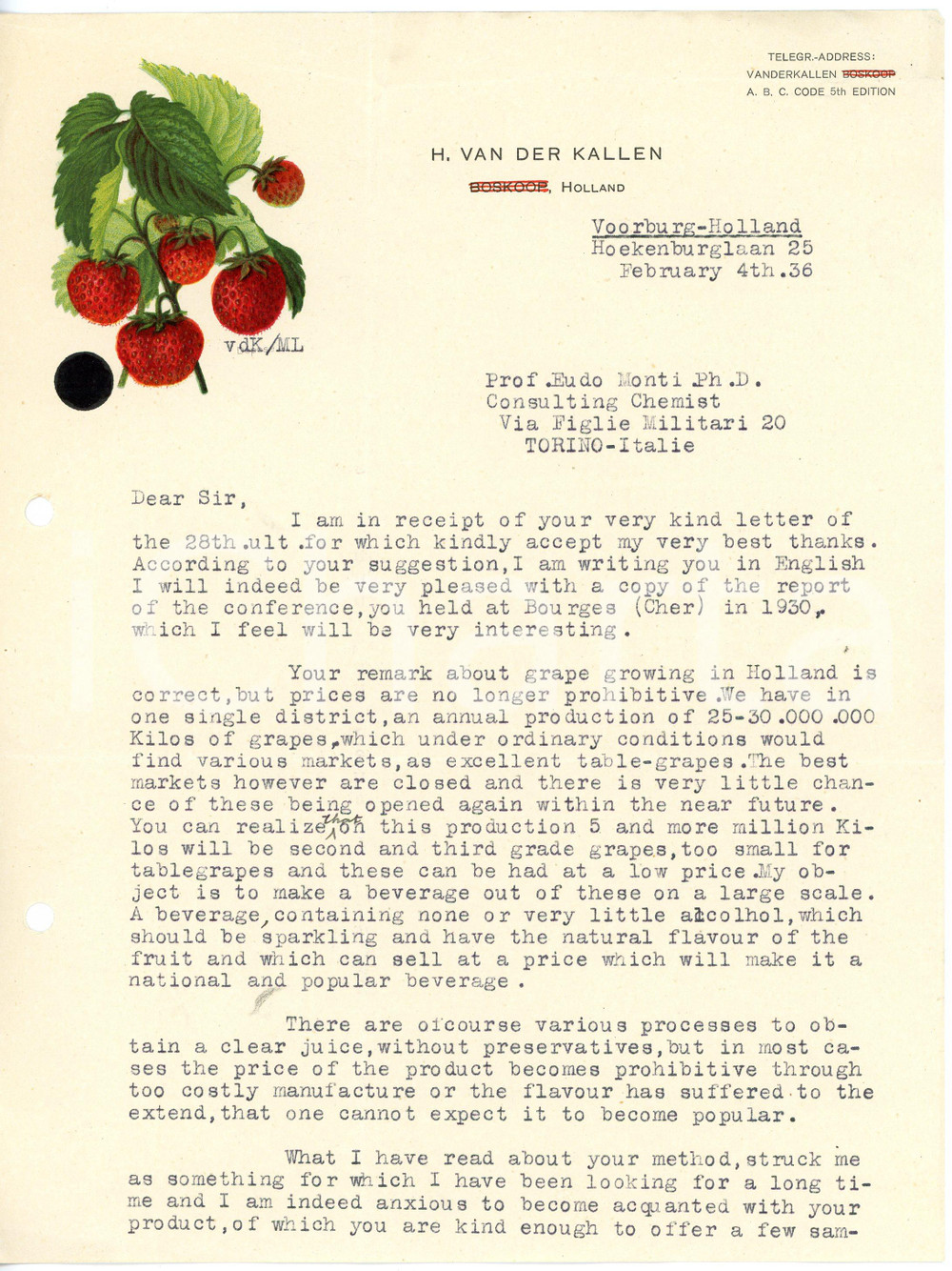 1936 HOLLAND - H. VAN DER KALLEN - Letter Lettera commerciale d'epoca, dattiloscritta, su carta intestata illustrata, mancante della seconda pagina.CONDIZIONI: F (piegature d'epoca, fori da classificatore al margine sinistro)PAGINE: 1    originale e autentica 1