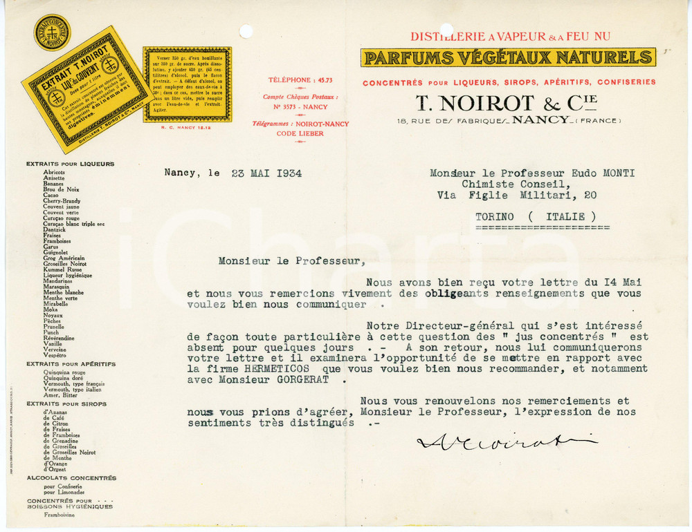 1934 NANCY -  T. NOIROT Parfums Végétaux Naturels - Lettre entête Lettera commerciale d'epoca, dattiloscritta, su carta intestata. Nancy - 18, rue de FabriquesCONDIZIONI: F (piegature d'epoca e fori da classificatore al lato superiore; minimo strappo marginale)PAGINE: 1    originale e autentica 1