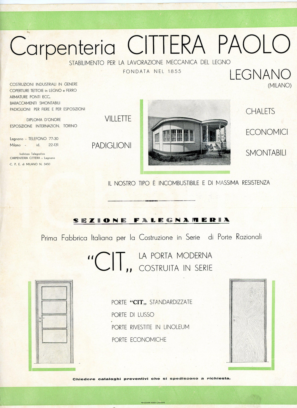 1950 ca LEGNANO Carpenteria CITTERA Paolo - Porta CIT - Volantino 22x30 cm Volantino pubblicitario d'epoca, illustrato.CONDIZIONI: F (piegature d'epoca, minimi strappi marginali)FORMATO: 22x30 cm    originale e autentica 1