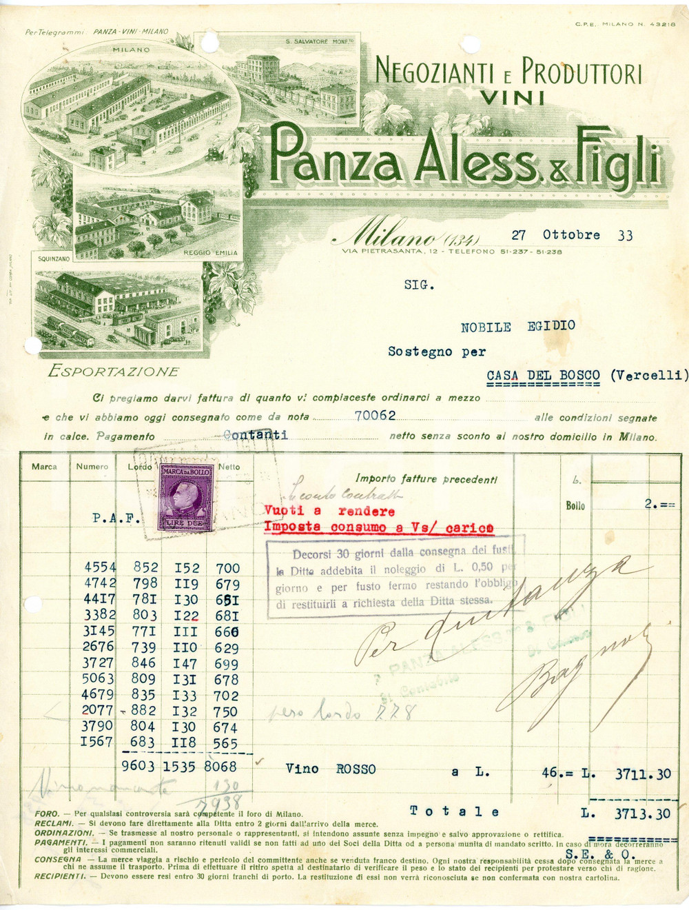 1933 MILANO - Aless. PANZA & Figli - Negozianti produttori di vini (1) *Fattura Fattura commerciale d'epoca, dattiloscritta, su carta intestata illustrata.Milano - via Pietrasanta, 12Presente marca da bollo.CONDIZIONI: P (piegature d'epoca, fori da classificatore al lato superiore e sinistro)PAGINE: 1    originale e autentica 1