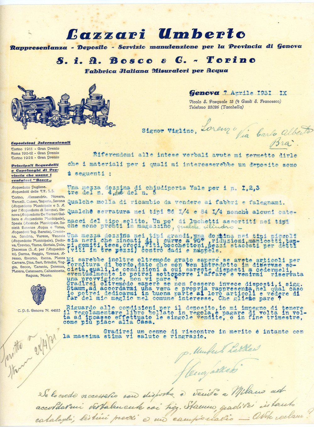 1931 GENOVA - Umberto LAZZARI - S.I.A BOSCO & C. - Fabbrica misuratori acqua Lettera commerciale d'epoca, dattiloscritta, su carta intestata illustrata.Genova - vicolo S. Pasquale 15CONDIZIONI: F (piegature d'epoca, strappo di circa 1 cm all'angolo inferiore destro)PAGINE: 1    originale e autentica 1