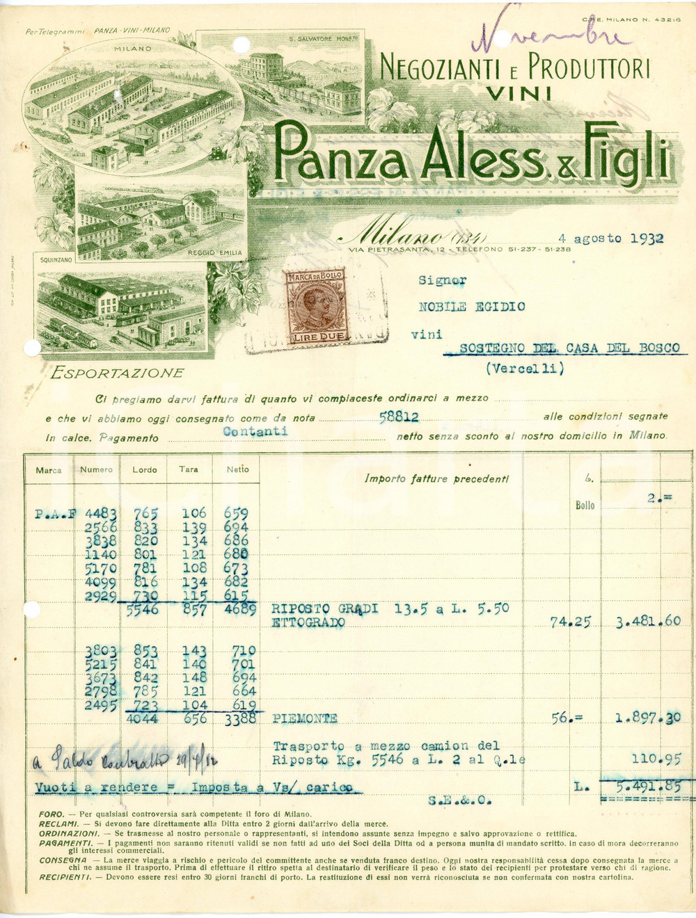 1932 MILANO - Aless. PANZA & Figli  - Negozianti produttori di vini (1) *Fattura Fattura commerciale d'epoca, dattiloscritta, su carta intestata illustrata.Milano - via Pietrasanta, 12Presente marca da bollo.CONDIZIONI: P (piegature d'epoca, fori da classificatore al lato superiore e sinistro, piccoli fori all'angolo superiore sinistro)PAGINE: 1    originale e autentica 1