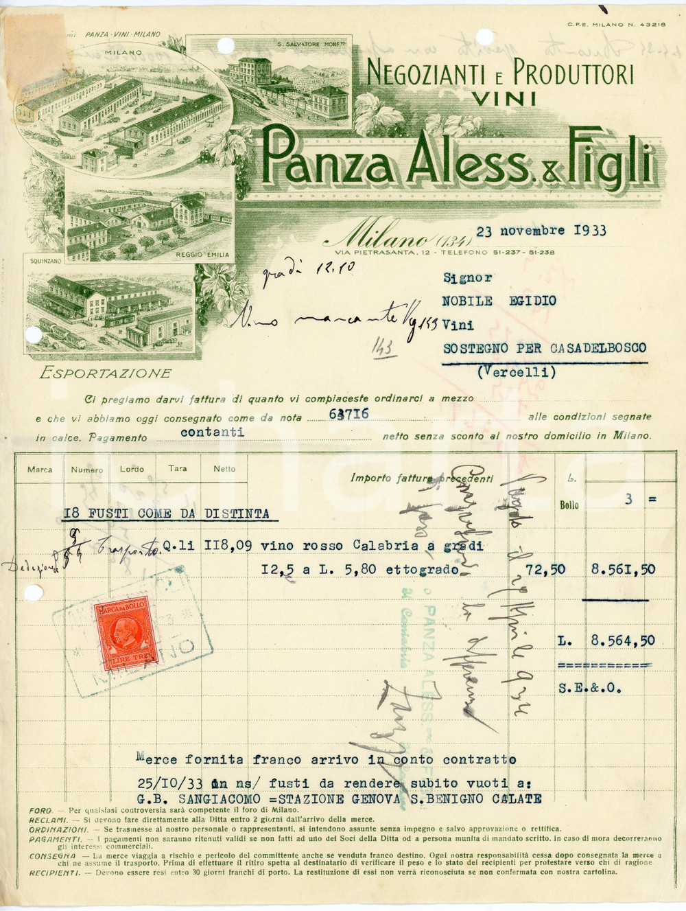 1933 MILANO - Aless. PANZA & Figli  - Negozianti produttori di vini (2) *Fattura Fattura commerciale d'epoca, dattiloscritta, su carta intestata illustrata.Milano - via Pietrasanta, 12Presente marca da bollo.CONDIZIONI: P (piegature d'epoca, fori da classificatore al lato superiore e sinistro, residuo di adesivo all'angolo superiore sinistro)PAGINE: 1    originale e autentica 1