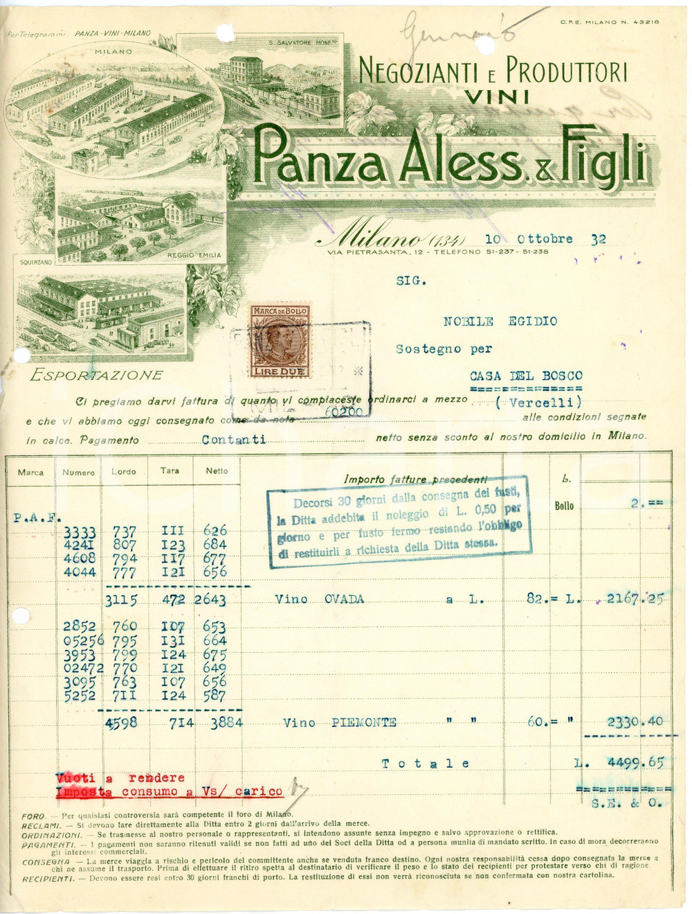 1932 MILANO - Aless. PANZA & Figli  - Negozianti produttori di vini (3) *Fattura Fattura commerciale d'epoca, dattiloscritta, su carta intestata illustrata.Milano - via Pietrasanta, 12Presente marca da bollo.CONDIZIONI: VP (piegature d'epoca, fori da classificatore al lato superiore e sinistro, piccoli fori all'angolo superiore sinistro, mancanza al lato sinistro)PAGINE: 1    originale e autentica 1