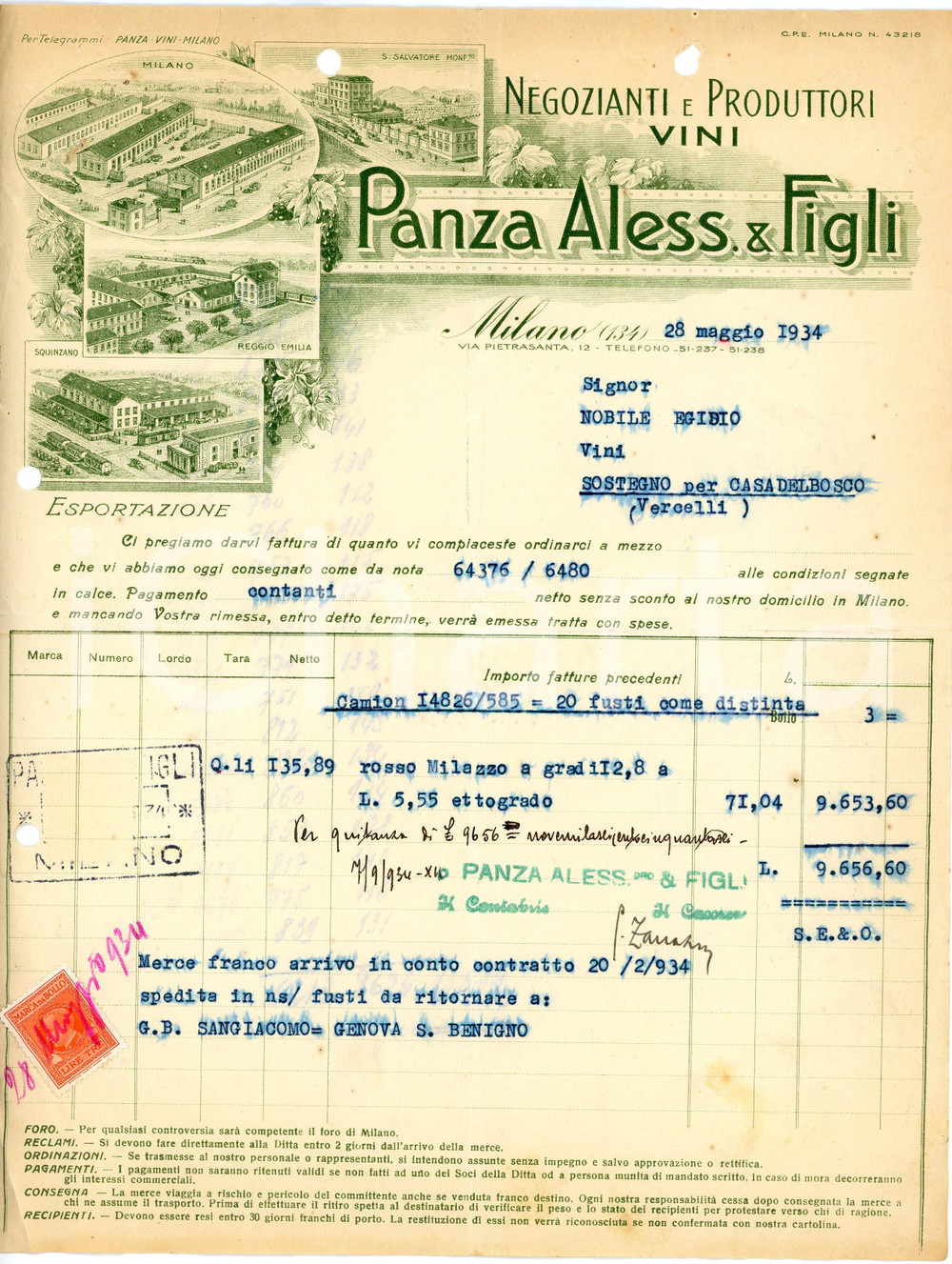 1934 MILANO - Aless. PANZA & Figli  - Negozianti produttori di vini *Fattura Fattura commerciale d'epoca, dattiloscritta, su carta intestata illustrata.Milano - via Pietrasanta, 12Presente marca da bollo.CONDIZIONI: VP (piegature d'epoca, fori da classificatore al lato superiore e sinistro, piccoli strappi ai lati superiore e sinistro, sbavatura dell'inchiostro)PAGINE: 1    originale e autentica 1