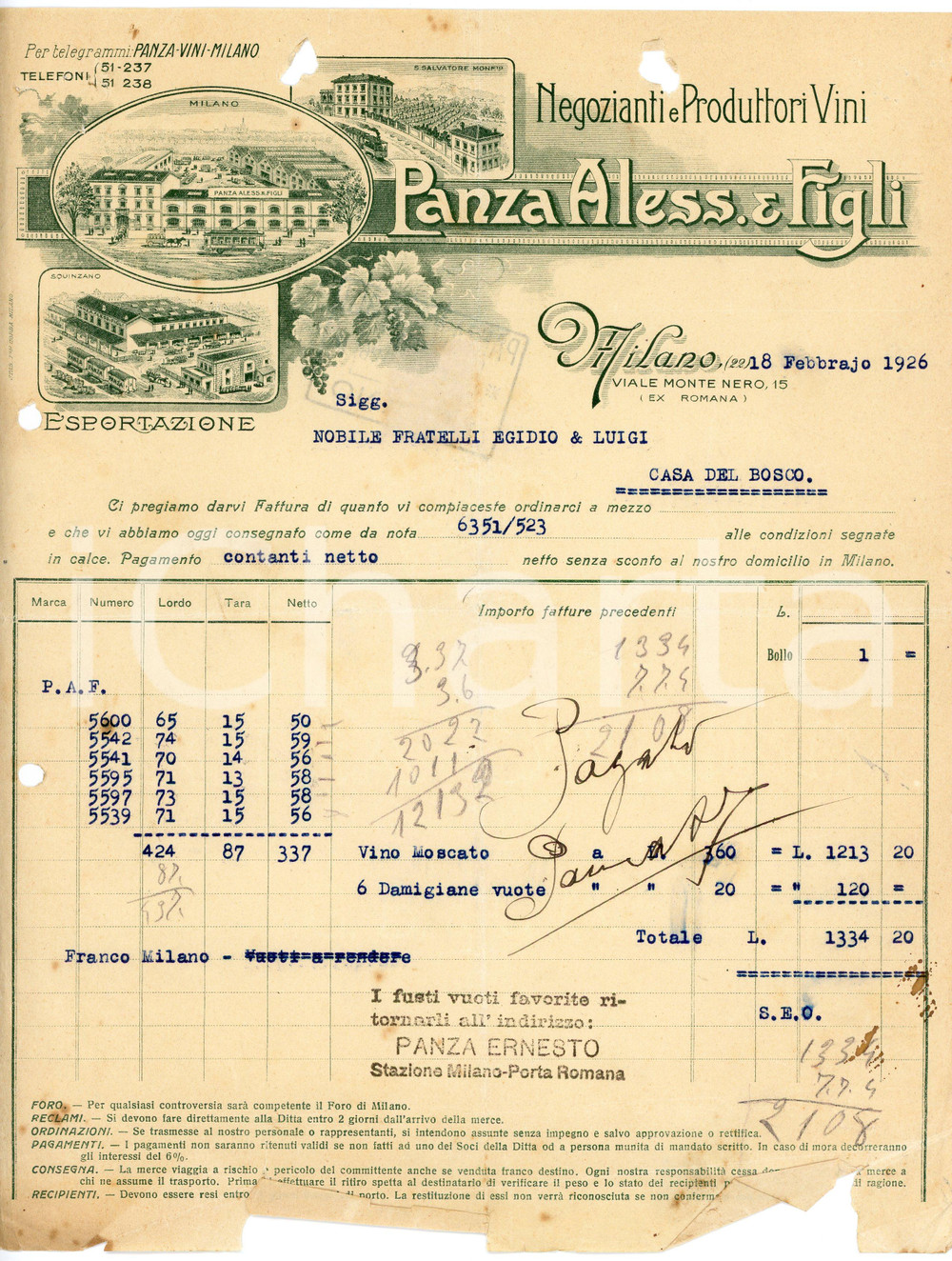 1926 MILANO - Aless. PANZA & Figli viale Monte Nero 15  - Viticoltori *Fattura Fattura commerciale d'epoca, dattiloscritta, su carta intestata illustrata.Presente marca da bollo al verso. CONDIZIONI: VP (piegature d'epoca, fori da classificatore al lato superiore e sinistro, piccoli fori all'angolo superiore sinistro, evidenti strappi al lato inferiore)PAGINE: 1    originale e autentica 1