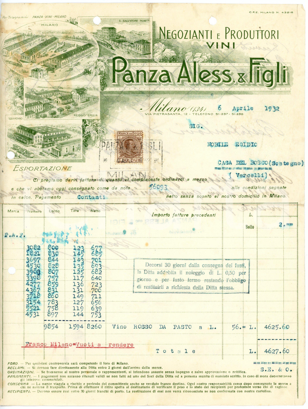 1932 MILANO - Aless. PANZA & Figli  - Negozianti produttori di vini (6) *Fattura Fattura commerciale d'epoca, dattiloscritta, su carta intestata illustrata.Milano - via Pietrasanta, 12Presente marca da bollo.CONDIZIONI: VP (piegature d'epoca, fori da classificatore al lato superiore e sinistro, mancanza dell'angolo superiore sinistro, piccolo strappo all'angolo inferiore sinistro, ingiallimenti nella parte superiore)PAGINE: 1    originale e autentica 1