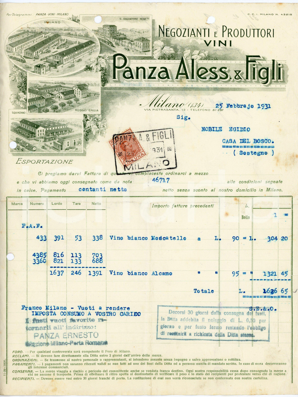 1931 MILANO - Aless. PANZA & Figli  - Negozianti produttori di vini *Fattura Fattura commerciale d'epoca, dattiloscritta, su carta intestata illustrata.Milano - via Pietrasanta, 12Presente marca da bollo.CONDIZIONI: VP (piegature d'epoca, fori da classificatore al lato superiore e sinistro, piccolo strappo al lato destro, lievi fioriture)PAGINE: 1    originale e autentica 1