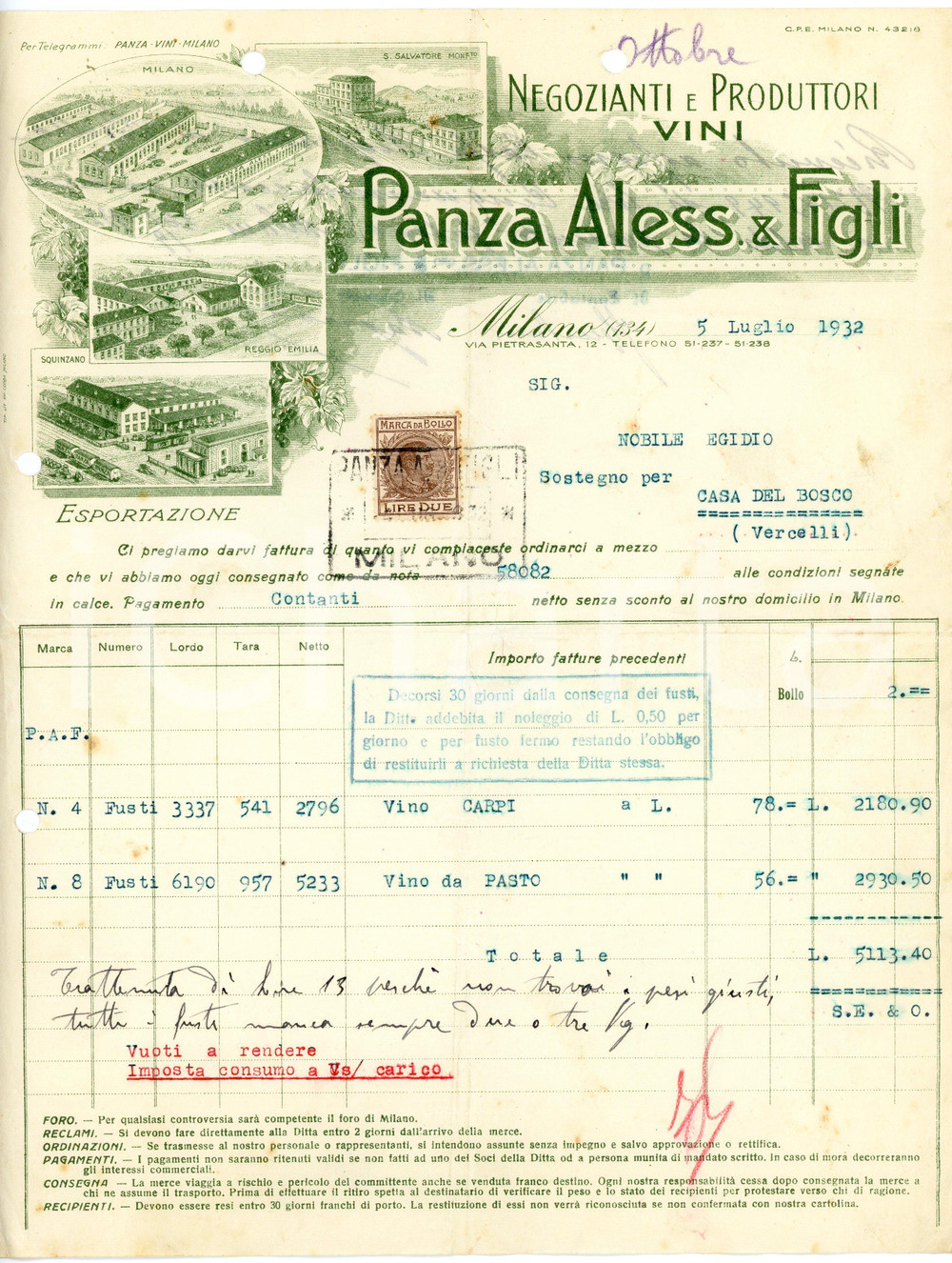 1932 MILANO - Aless. PANZA & Figli  - Negozianti produttori di vini (8) *Fattura Fattura commerciale d'epoca, dattiloscritta, su carta intestata illustrata.Milano - via Pietrasanta, 12Presente marca da bollo.CONDIZIONI: P (piegature d'epoca, fori da classificatore al lato superiore e sinistro)PAGINE: 1 (2 facciate scritte)    originale e autentica 1