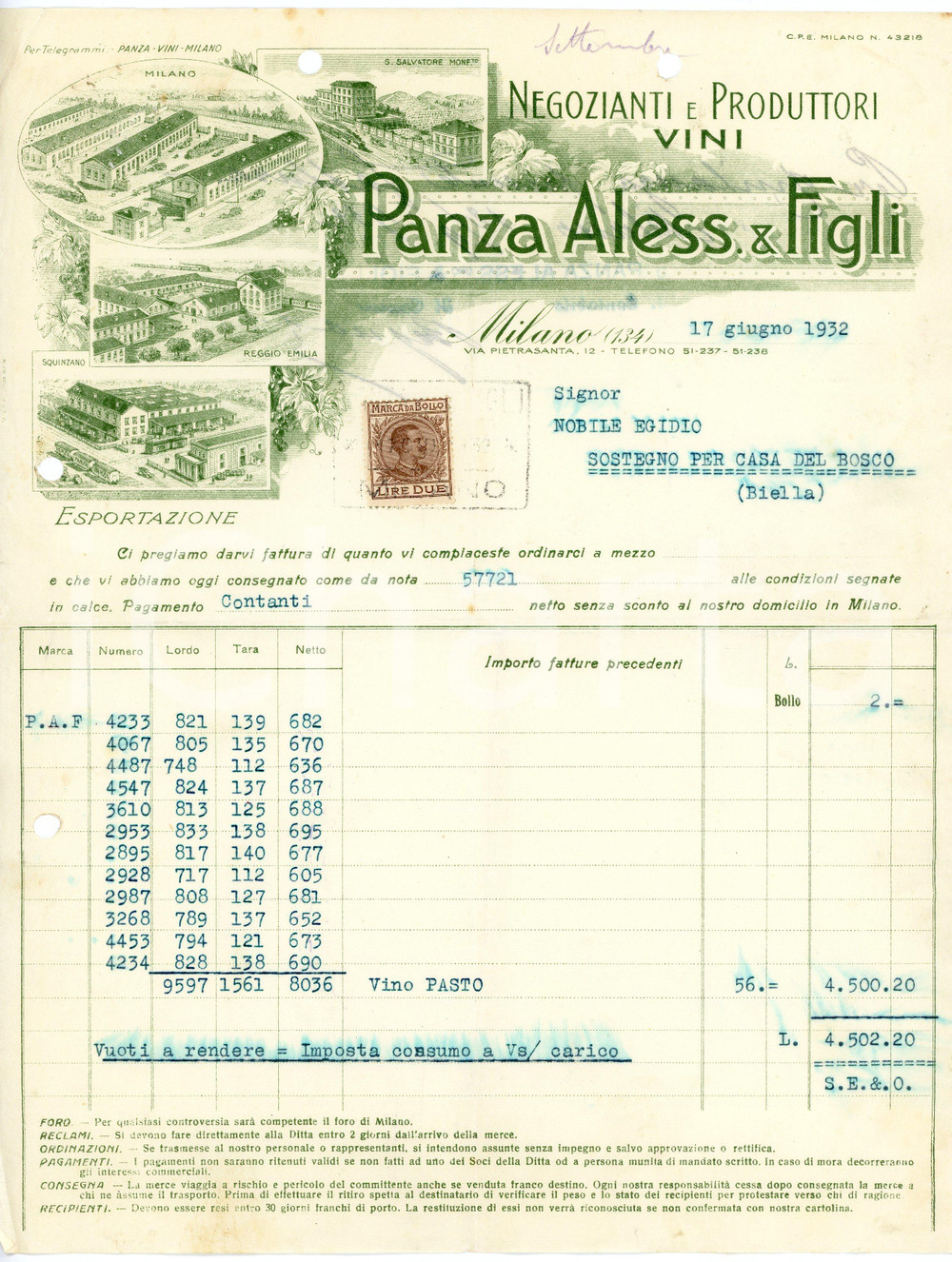 1932 MILANO - Aless. PANZA & Figli  - Negozianti produttori di vini (9) *Fattura Fattura commerciale d'epoca, dattiloscritta, su carta intestata illustrata.Milano - via Pietrasanta, 12Presente marca da bollo.CONDIZIONI: P (piegature d'epoca, fori da classificatore al lato superiore e sinistro)PAGINE: 1 (2 facciate scritte)    originale e autentica 1