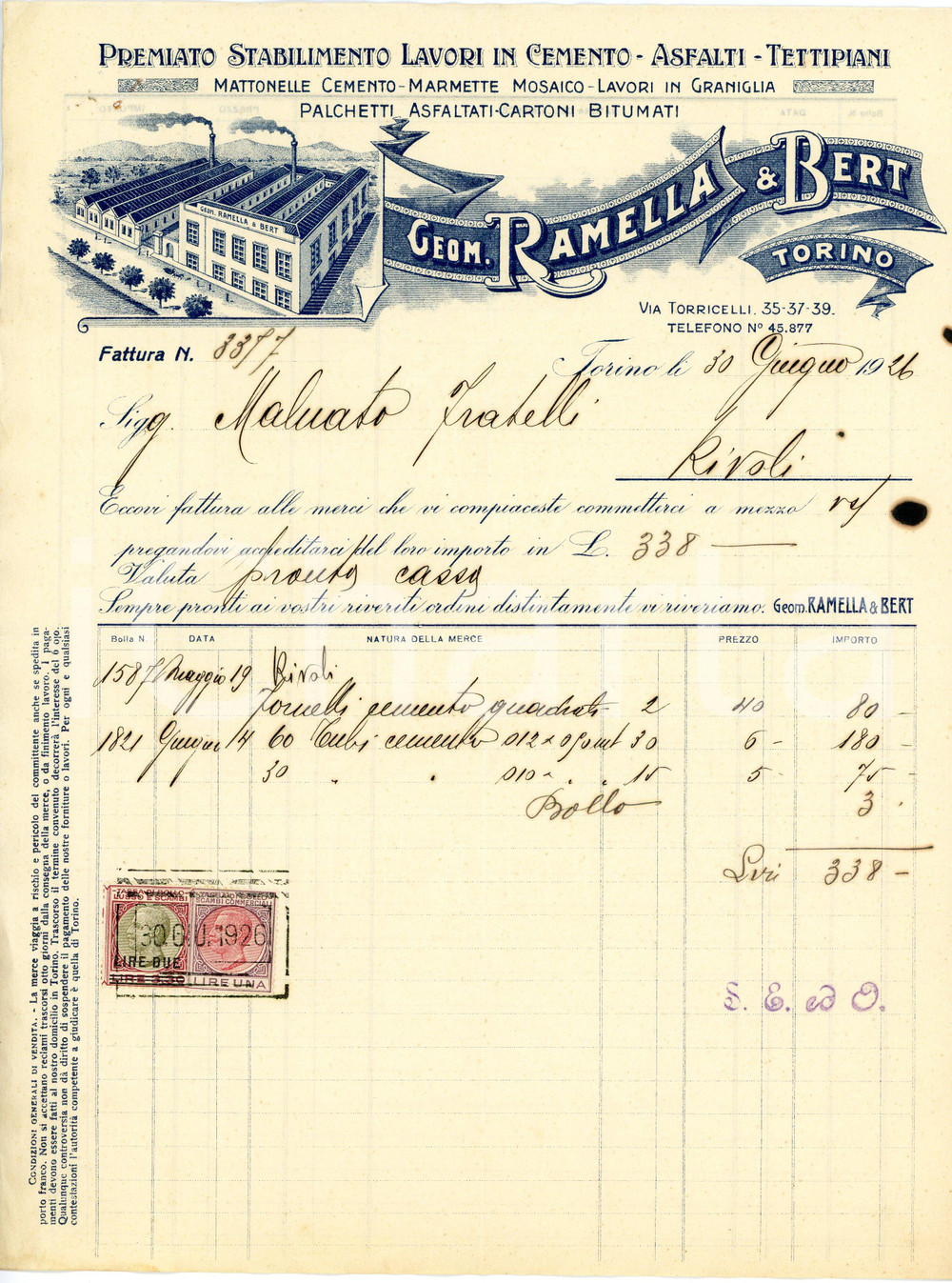 1926 TORINO - RAMELLA & BERT via Torricelli 35-39 - Mattonelle cemento *Fattura Fattura commerciale d'epoca, a stampa con inserti manoscritti, su carta intestata illustrata.CONDIZIONI: F (piegature d'epoca, piccoli fori all'angolo superiore sinistro)PAGINE: 1    originale e autentica 1