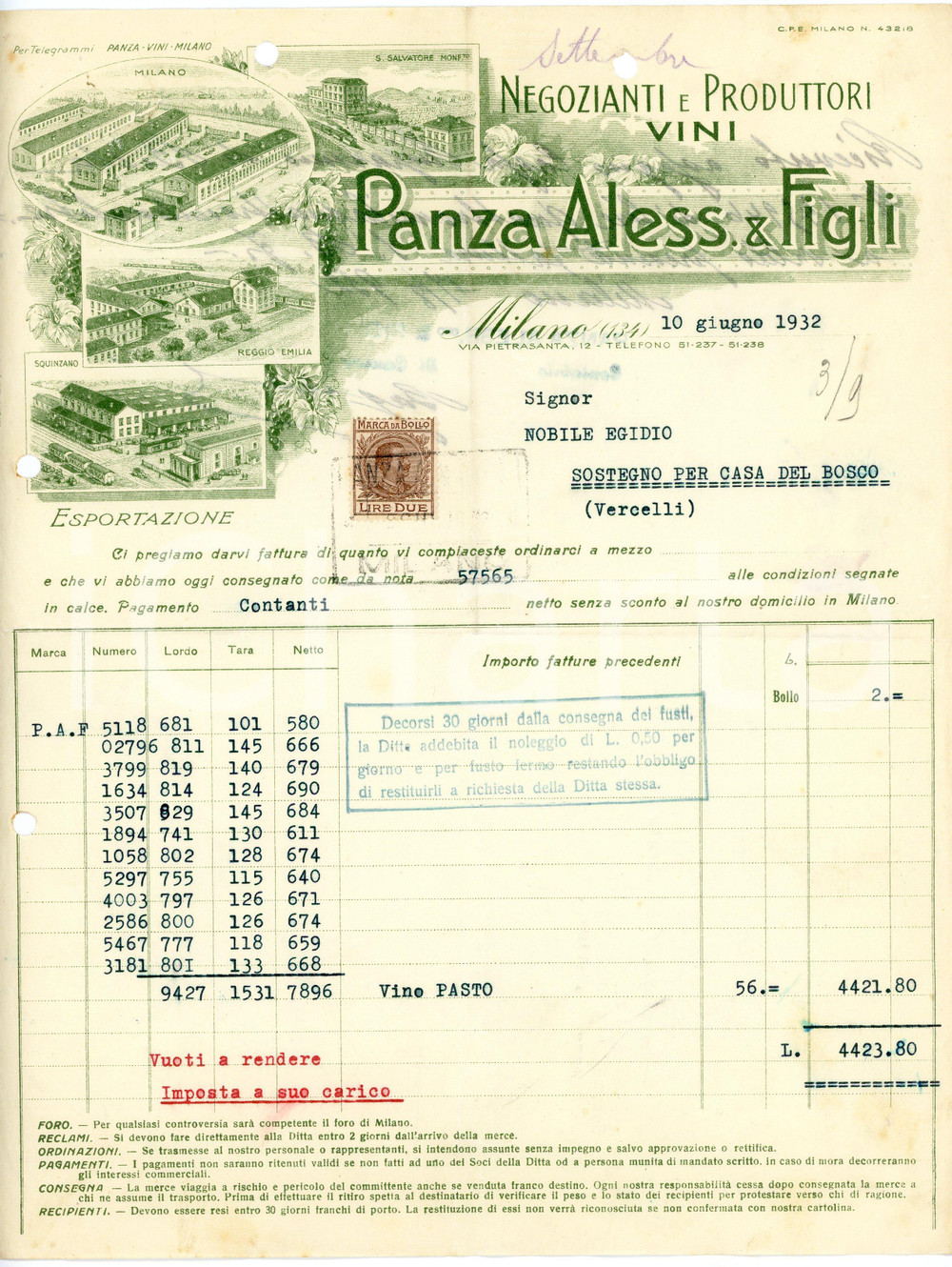 1932 MILANO - Aless. PANZA & Figli  - Negozianti produttori di vini (10) *Fattura Fattura commerciale d'epoca, dattiloscritta, su carta intestata illustrata.Milano - via Pietrasanta, 12Presente marca da bollo.CONDIZIONI: P (piegature d'epoca, fori da classificatore al lato superiore e sinistro, piccoli fori all'angolo superiore sinistro)PAGINE: 1 (2 facciate scritte)    originale e autentica 1