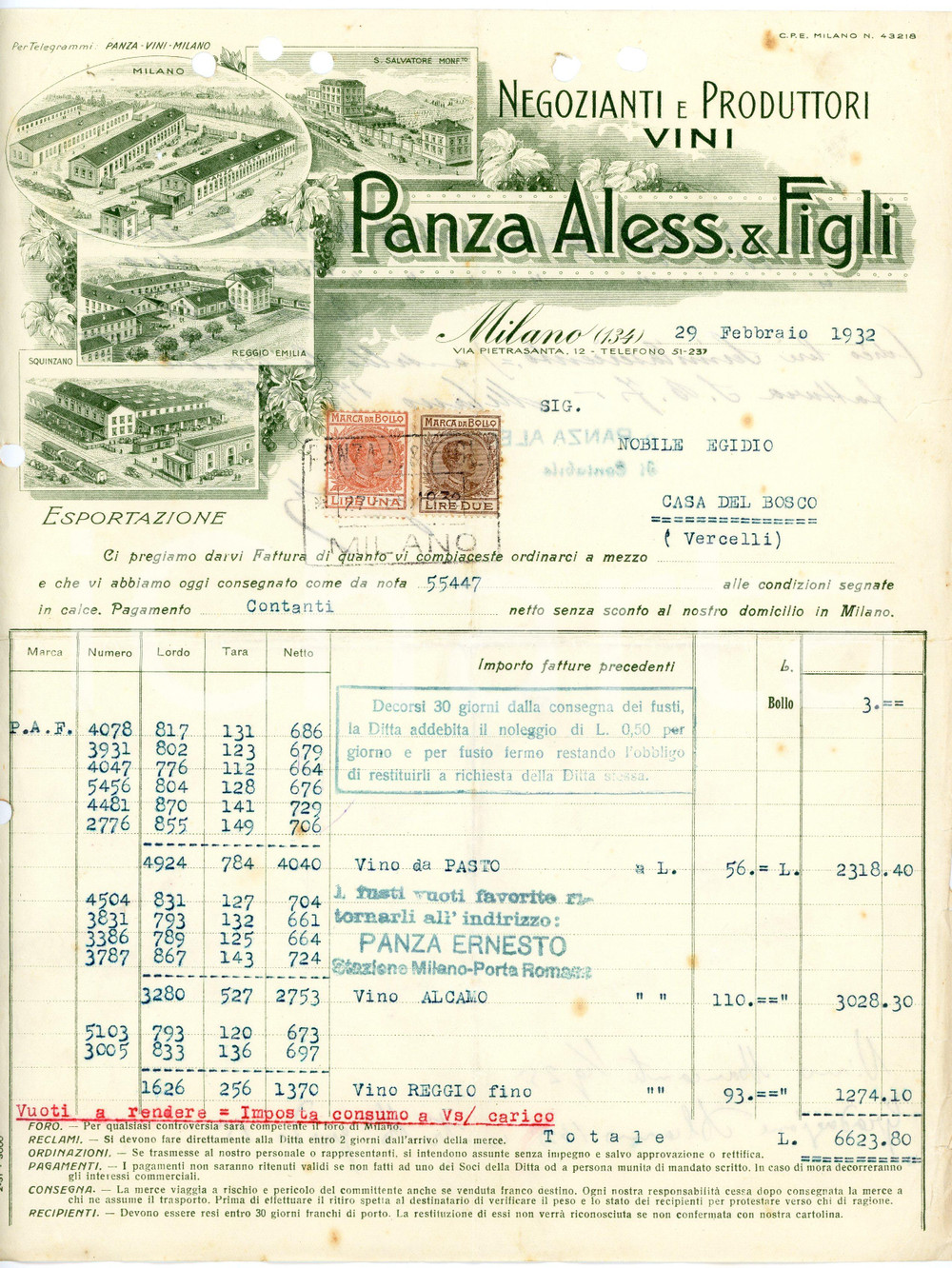 1932 MILANO - Aless. PANZA & Figli  - Negozianti produttori di vini (11) *Fattura Fattura commerciale d'epoca, dattiloscritta, su carta intestata illustrata.Milano - via Pietrasanta, 12Presenti marche da bollo.CONDIZIONI: VP (piegature d'epoca, fori da classificatore al lato superiore e sinistro, piccoli fori all'angolo superiore sinistro, piccoli strappi al lato destro)PAGINE: 1 (2 facciate scritte)    originale e autentica 1