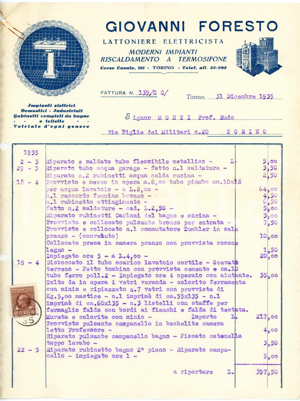 1935 TORINO Giovanni FORESTO c.so Casale 110 - Lattoniere elettricista *Fattura Fattura commerciale d'epoca, dattiloscritta, su carta intestata illustrata.CONDIZIONI: P (piegature d'epoca, fori da classificatore al lato sinistro, piccolo foro con tracce di ruggine all'angolo superiore sinistro, piccolo strappo al lato destro)PAGINE: 1    originale e autentica 1