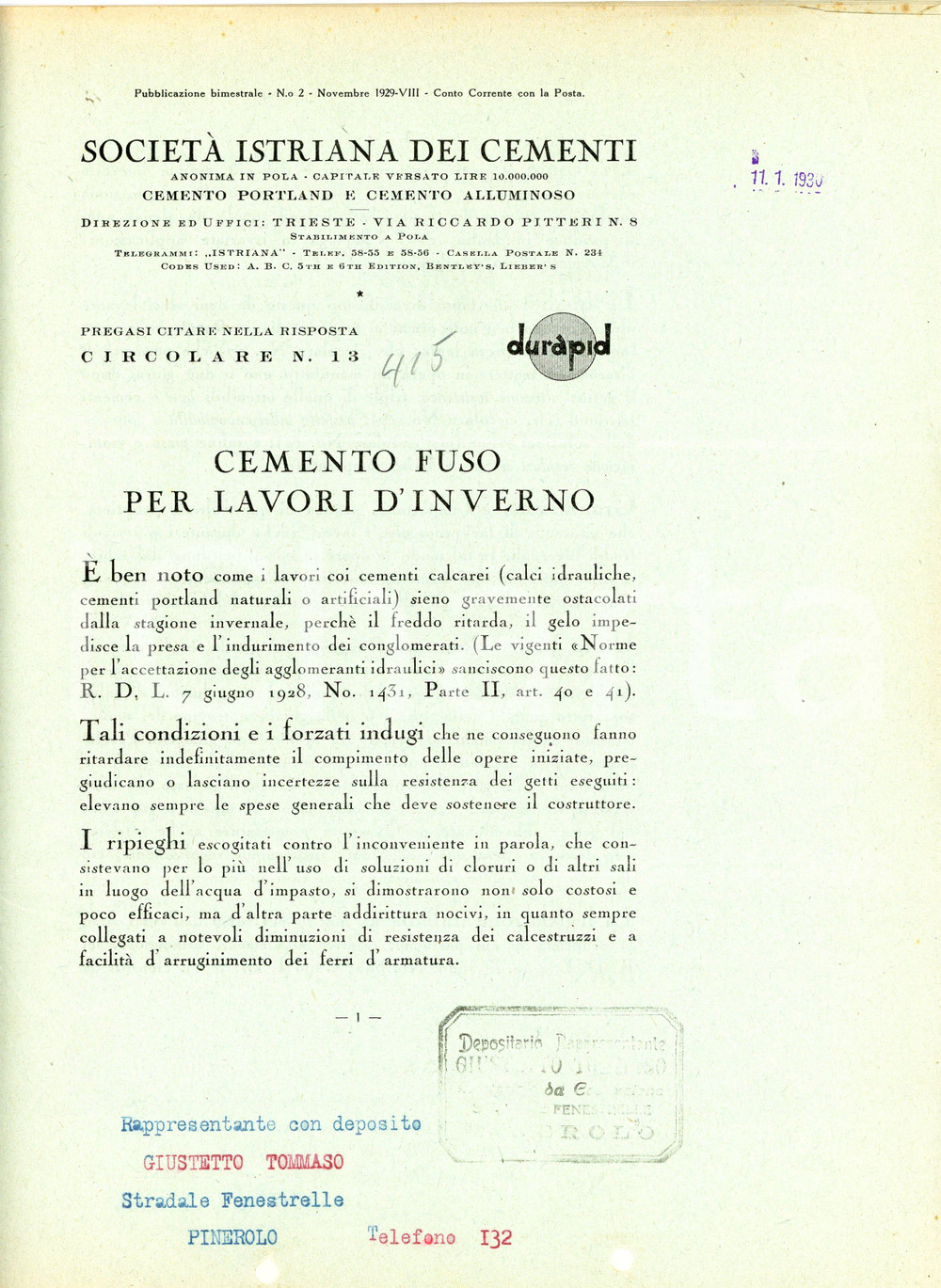 1929 POLA Società Istriana dei Cementi - Lavori in cemento fuso *Pieghevole Pieghevole pubblicitario d'epoca, con illustrazioni b/n.Timbro datario 11.01.1930.N&deg; 2  - Novembre 1929.CONDIZIONI: F (piegature d'epoca, fori da classificatore al margine inferiore)PAGINE: 20    originale e autentica 1