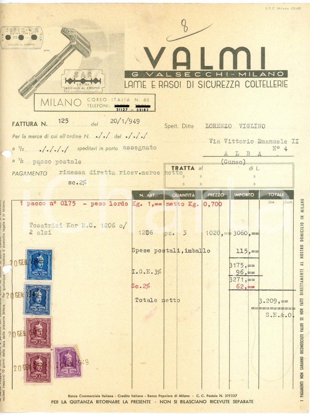 1949 MILANO - VALMI (G. VALSECCHI -MILANO) - Lame e rasoi, coltellerie - Fattura Fattura commerciale d'epoca, dattiloscritta, su carta intestata illustrata.Milano - corso Italia n. 68CONDIZIONI: P (piegature d'epoca, fori da classificatore al lato sinistro, piccoli strappi al lato inferiore, piccoli fori all'angolo superiore sinistro)PAGINE: 1     originale e autentica 1