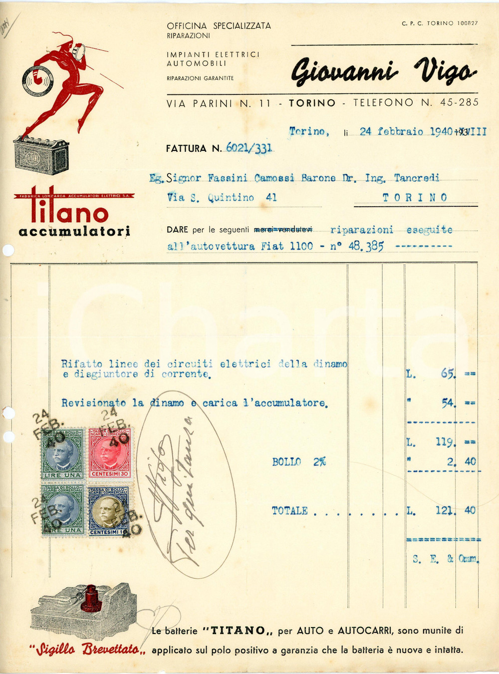 1940 TORINO - Giovanni VIGO via Parini 11 - TITANO Impianti elettrici *Fattura Fattura commerciale d'epoca, dattiloscritta, su carta intestata illustrata.CONDIZIONI: P (piegature d'epoca, fori da classificatore al lato sinistro, piccola mancanza al lato inferiore)PAGINE: 1    originale e autentica 1