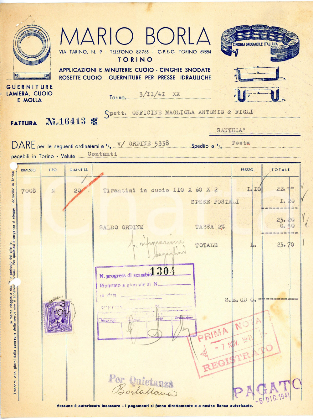 1941 TORINO - Mario BORLA via Tarino 9 - Cuoio, cinghia snodabile (7) *Fattura Fattura commerciale d'epoca, dattiloscritta, su carta intestata illustrata.CONDIZIONI: VP (piegature d'epoca, fori da classificatore al lato sinistro, piccoli fori con tracce di ruggine all'angolo superiore sinistro, piccoli strappi al lato inferiore e sinistro).PAGINE: 1    originale e autentica 1